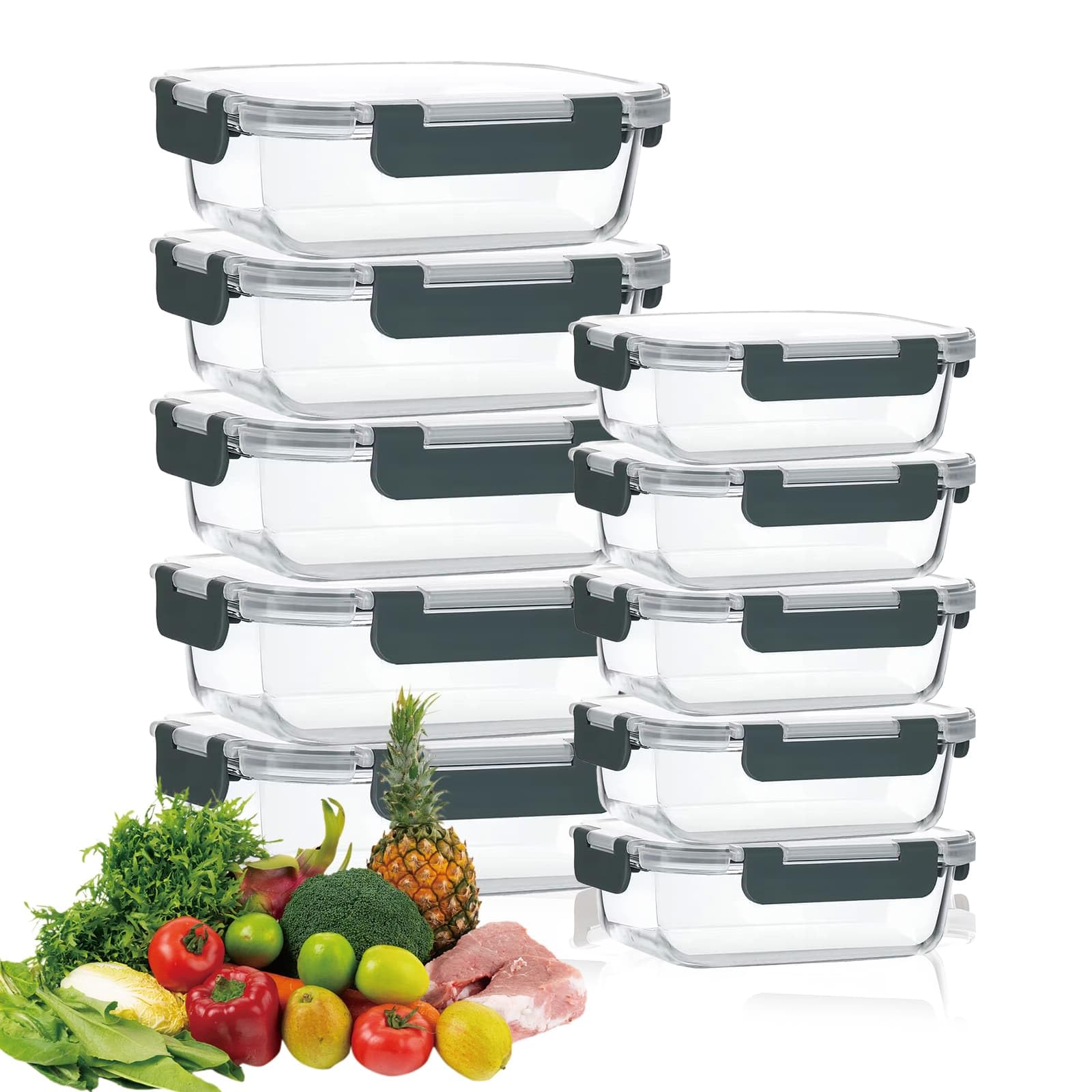 Dyuee Grey Glass Meal Prep Containers With Lids 10Pack Reusable Airtight Food Storage Containers (1050Ml & 370Ml) - Stackable Leakproof Lunch Box For Microwave/Freezer/Dishwasher
