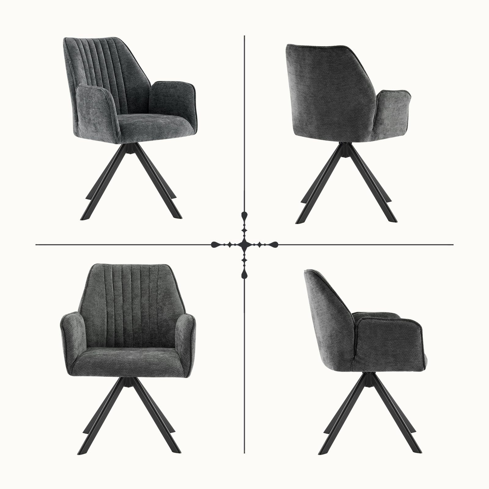 2er Set Esszimmerstühle Drehbar mit Armlehne, 360°Drehbar Polsterstuhl Küchenstuhl aus Chenille, Stühle Esszimmer Schminkstuhl Drehstuhl mit Metallbeine für Esszimmer Schlafzimmer, Dunkelgrau
