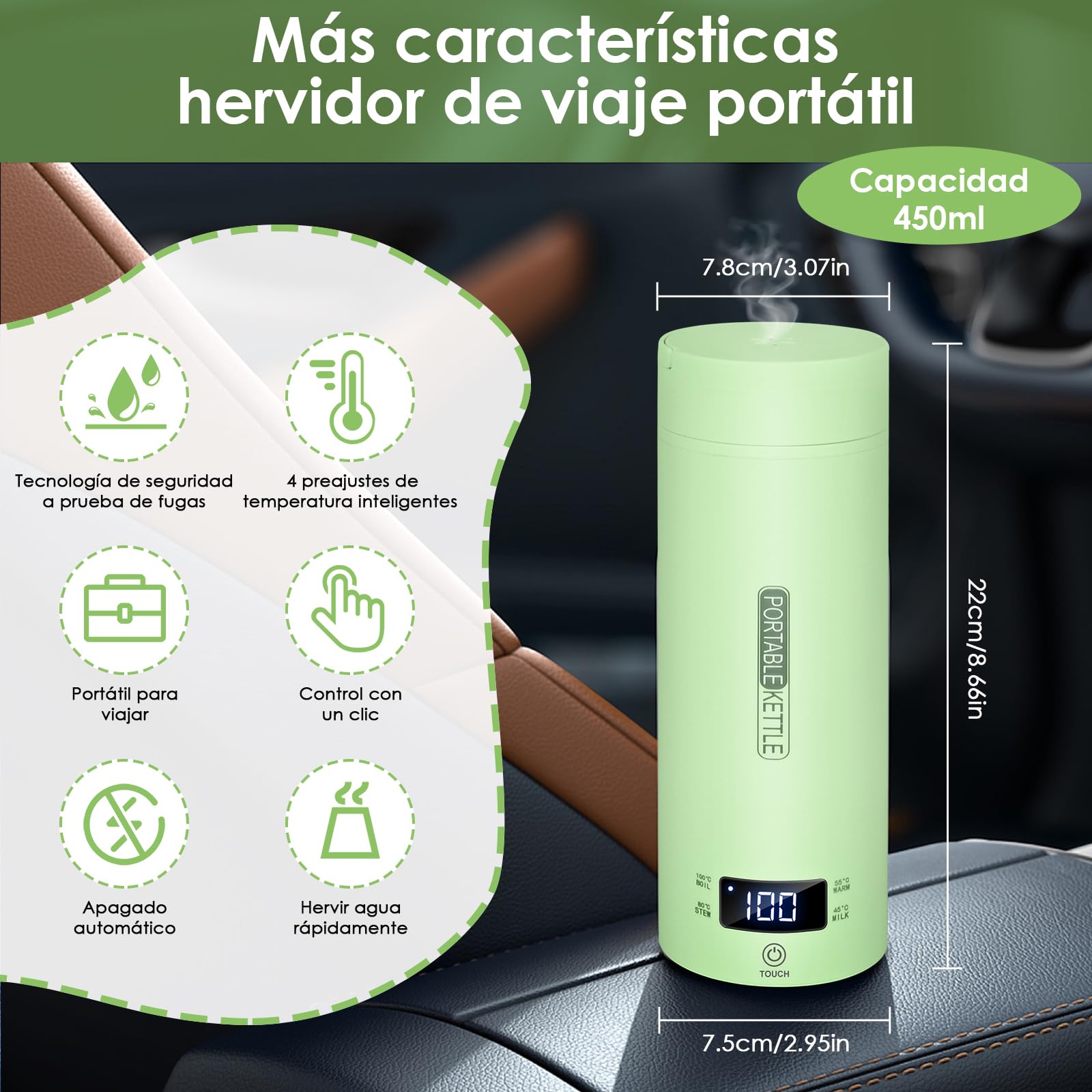 Dreamhigh® Hervidor Eléctrico Pequeño de Viaje, 500ml Calentador de Agua Portatil, 96W Pava Electrica Control Temperatura (45℃/ 55℃/ 80℃/ 100℃), Tetera Electrica para Té, Café y Leche (Auto) (Negro)