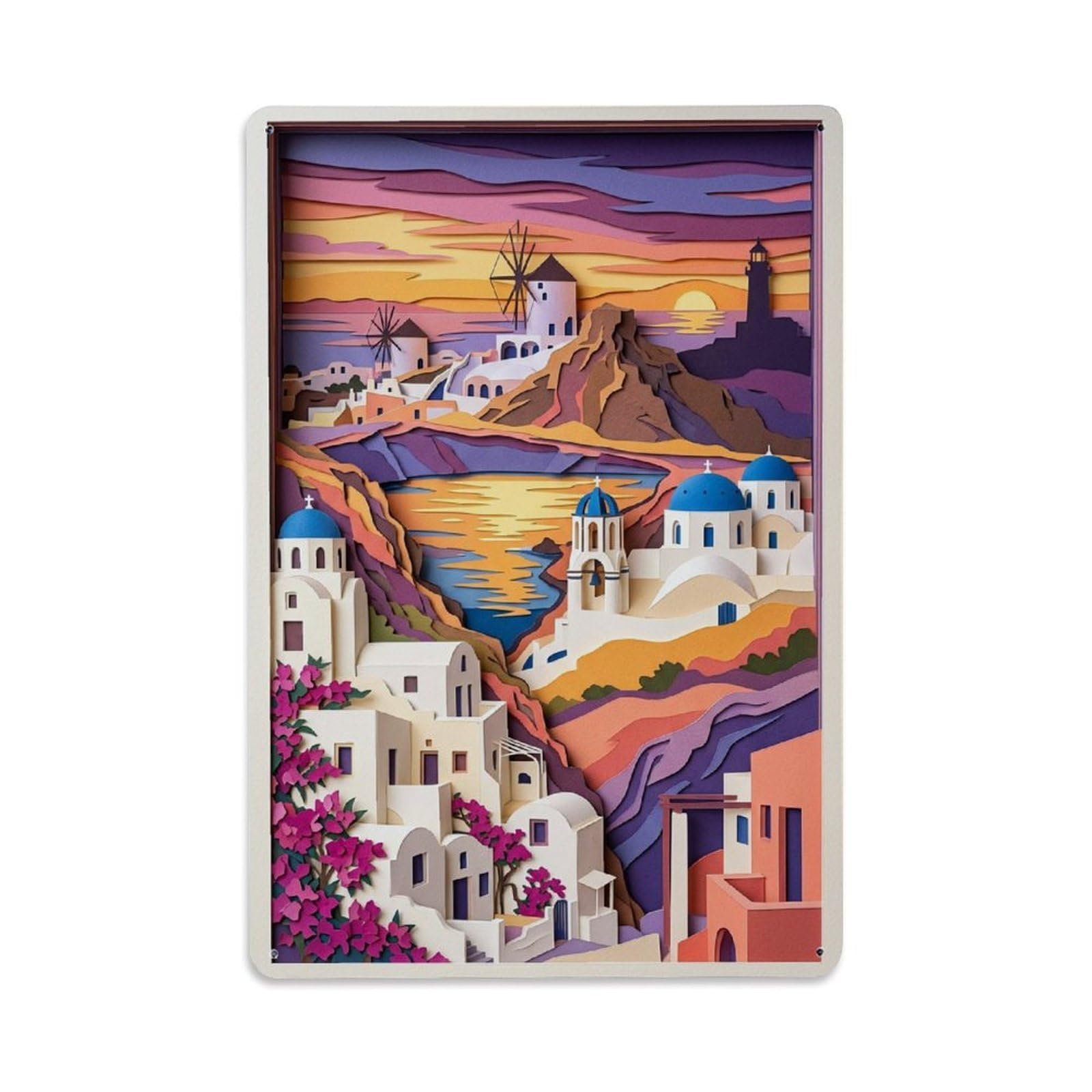 Oia Santorini Cliffside Sunset Caldera Aegean Island Metal Tin Sign Plaque Wall Decor for Cafe, Man Cave, Club Bar, Office, Home Garden Round Metal Poster 8x12Inch