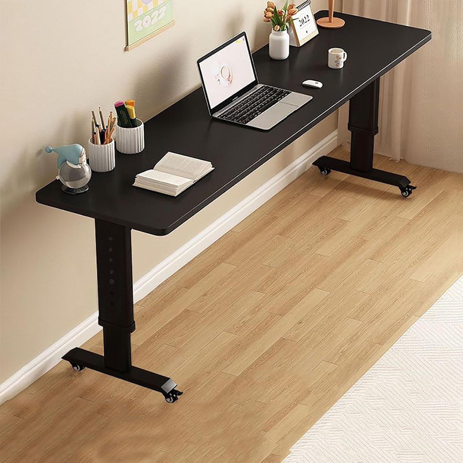 Overbed Table with Wheels, Adjustable Height Portable Queen Size Mobile Laptop Table& Dining Table, for Bedroom, Living Room, Office, Hospital Sturdy(Black,120 * 60cm)