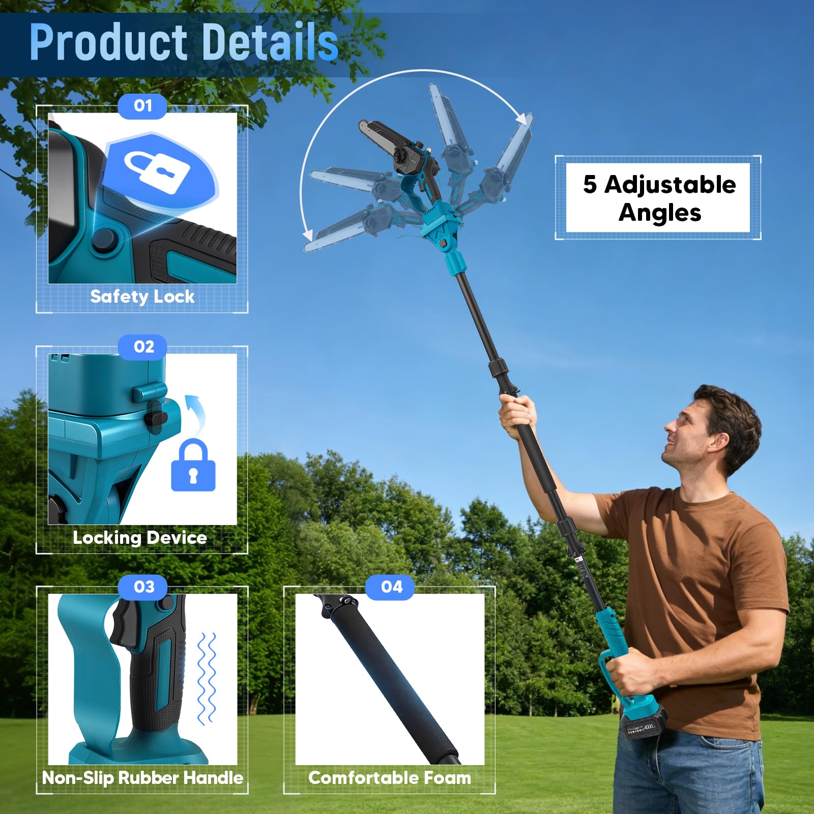 Podadora de pértiga inalámbrica 4 en 1, mini motosierra sin escobillas de 6 y 8 pulgadas con 2 baterías de 4000 mAh, alcance de 4,6 m, herramienta de jardinería para poda y corte de ramas