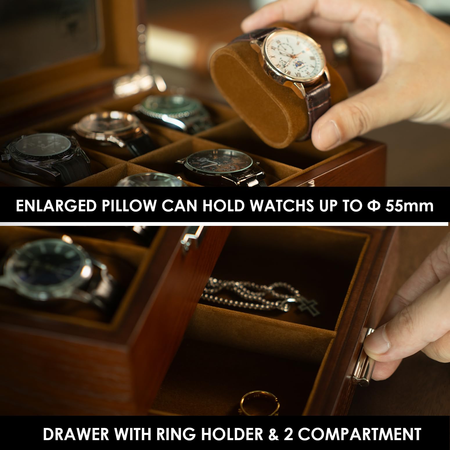 Slege Caja para Relojes Hecha a Mano de Madera, 6 Compartimentos y 2 Niveles con Cajón, Tapa de Madera con Ventana de Vidrio, Organizador Grande, Regalo Elegante para Hombre y Mujer