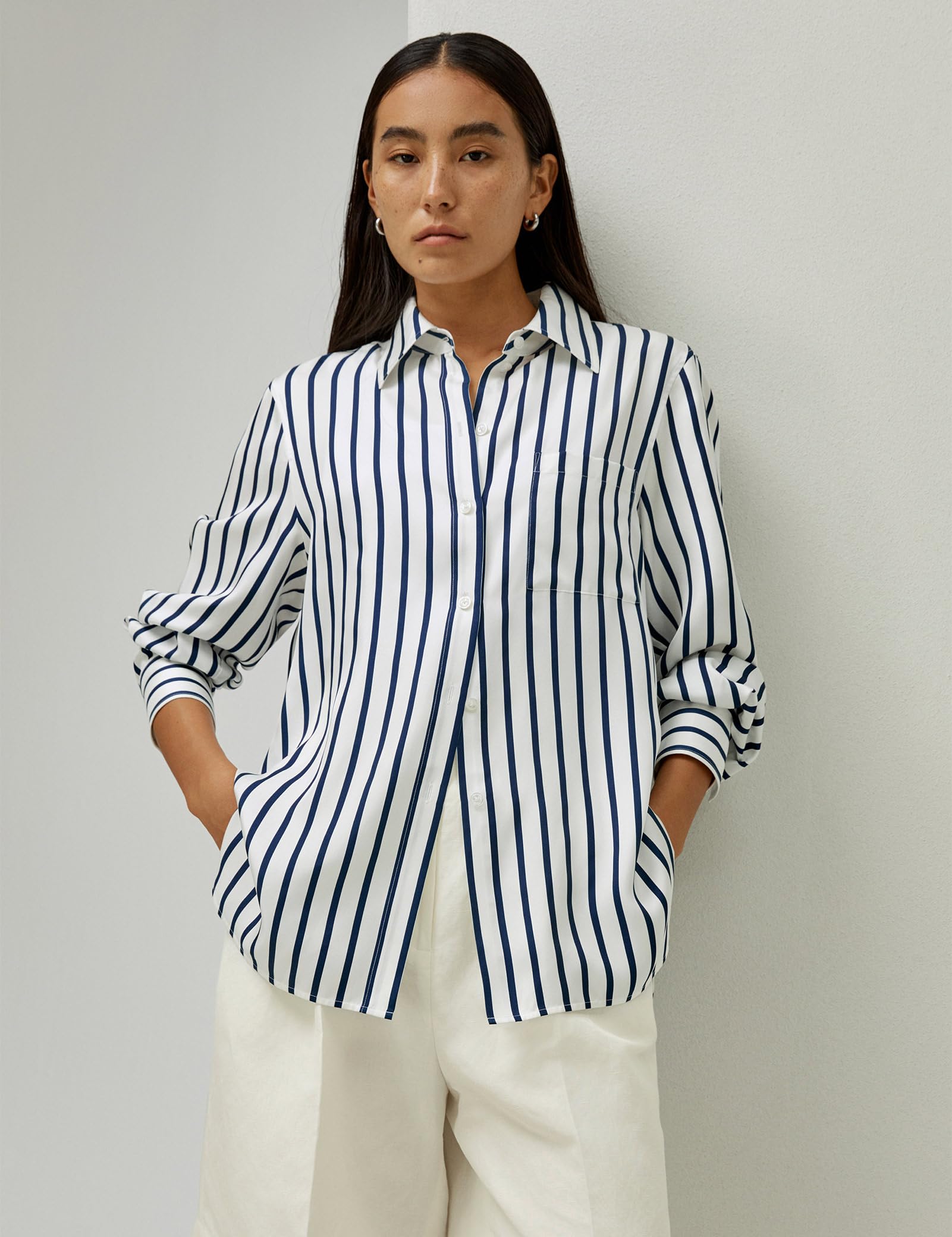 LilySilk Damen Oversized Seidenbluse Satinpaspeln an Ärmeln und Kragen Zeitloses Design für Büro und Freizeitoutfits