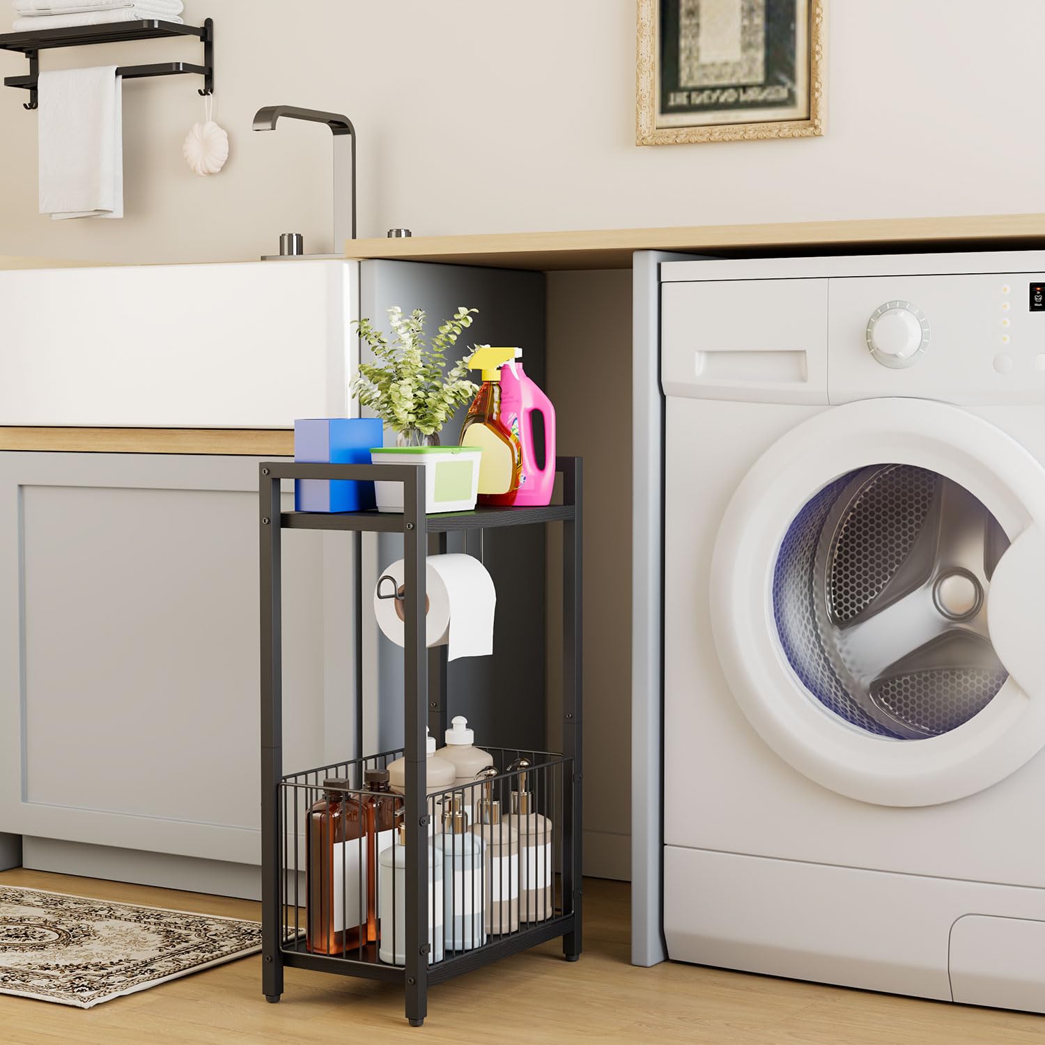 IBUYKE Aufbewahrungswagen für das Badezimmer, freistehender Toilettenpapierhalter mit Ablagen für Toilettenpapier, Handys und Feuchttücher – schmale Ablage für Badezimmer, Wohnzimmer und Küche TLJ020B