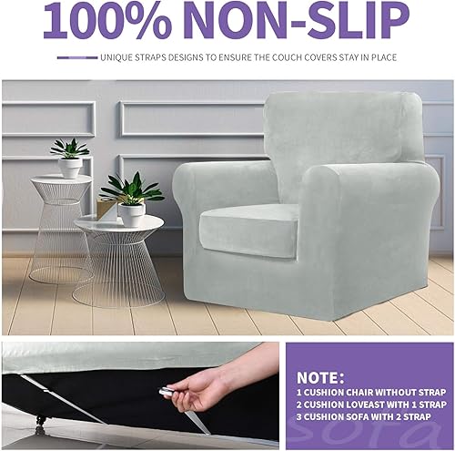 Miniatura 5 de ZNSAYOTX Funda de terciopelo de lujo para sofá de 4 piezas (72-92 pulgadas), funda elástica para sofá de 3 cojines, funda gruesa y suave con correa