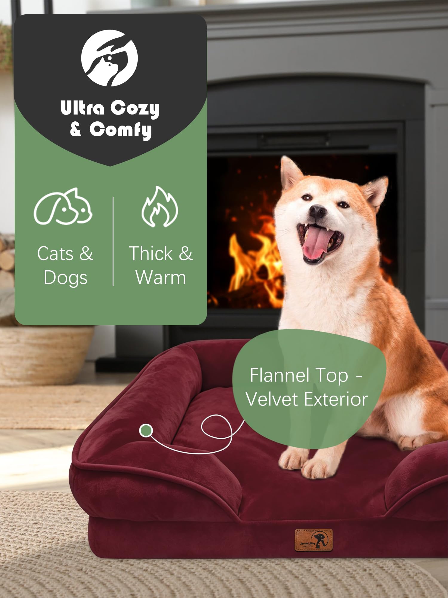 Spotted Play Orthopedic Dog Bed with Sides - Sofa Beds for Medium Dogs, Supportive Foam Pet Couch Bed with Washable Removable Cover, Waterproof Lining and Non-Slip Bottom, Burgundy - M view 2