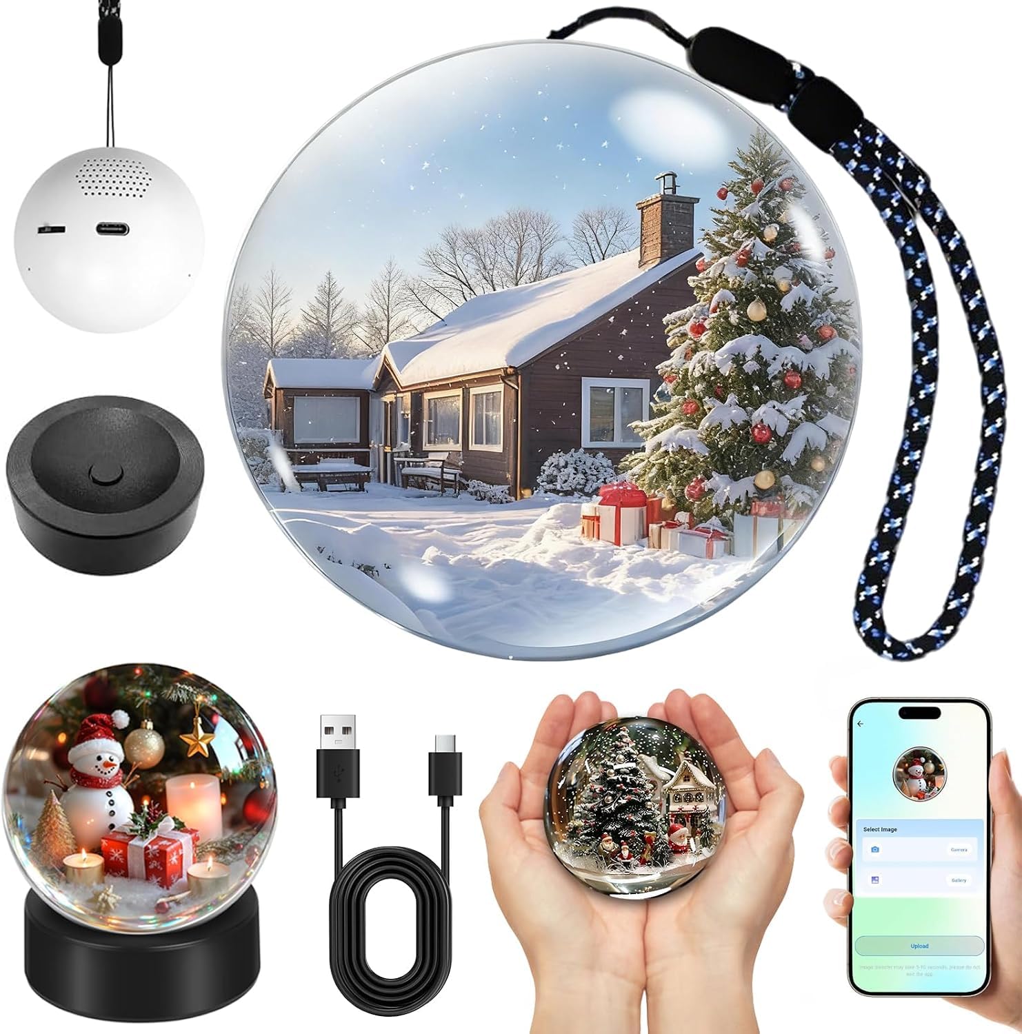 Christmas Memory Sphere Orb Lamp 2026, Halloween Personalized 2.7" 3D Crystal Ball Video Player with APP Custom Photo/Video WiFi Upload, Hanging/Table Core Memory Ornament for Couple Family，#White