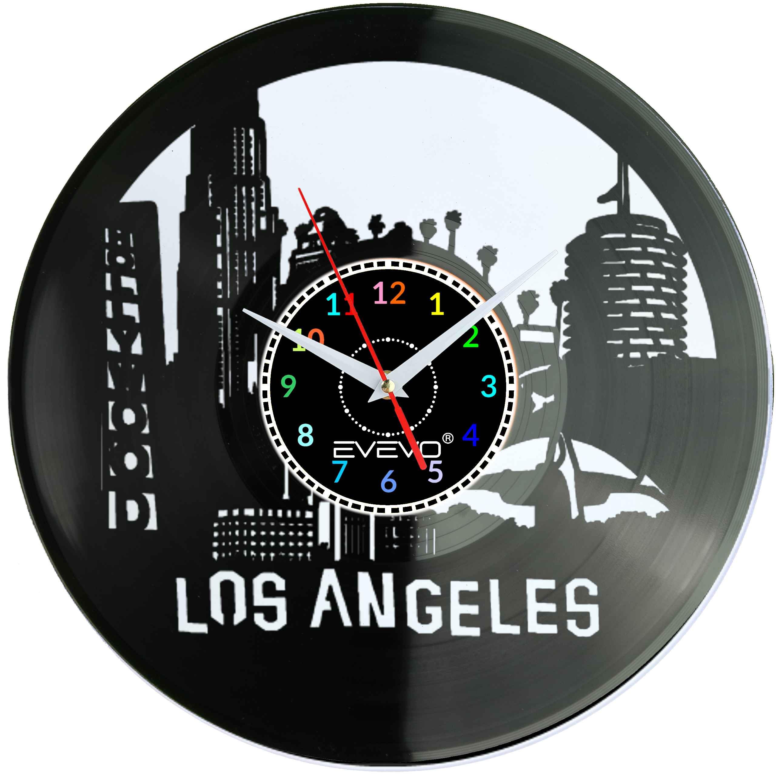 LOS ANGELES MIASTO ANIOŁÓW L.A. USA CALIFORNIA ZEGAR ŚCIENNY FLUORESCENCYJNE TŁO PŁYTA WINYLOWA PREZENT UPOMINEKA EVEVO F0089