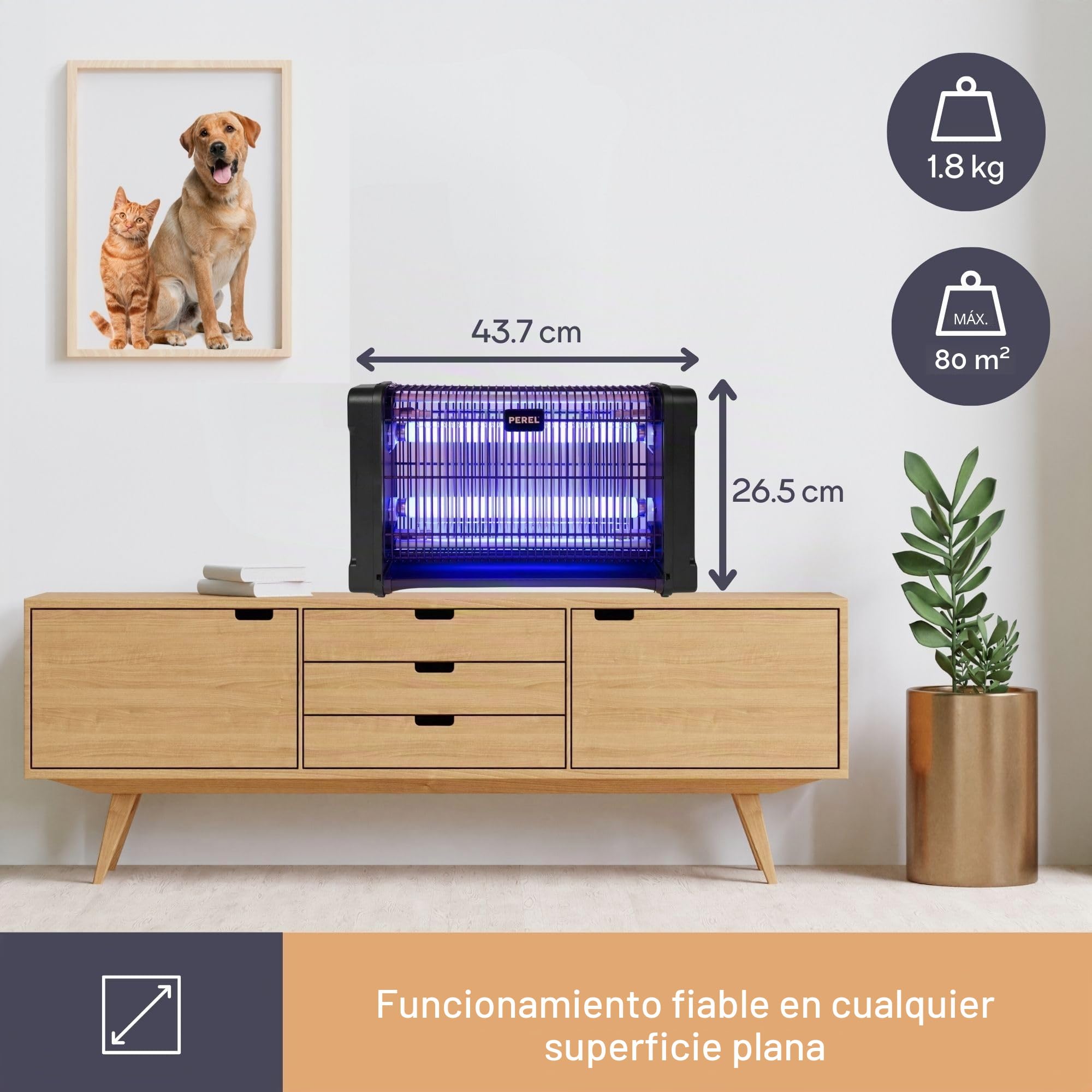 Perel Lámpara UV Mata Insectos eléctrica Interior, Rejilla 2800V, Dispositivo silencioso con Bandeja metálica extraíble, Cobertura 80 m², Control sin químicos