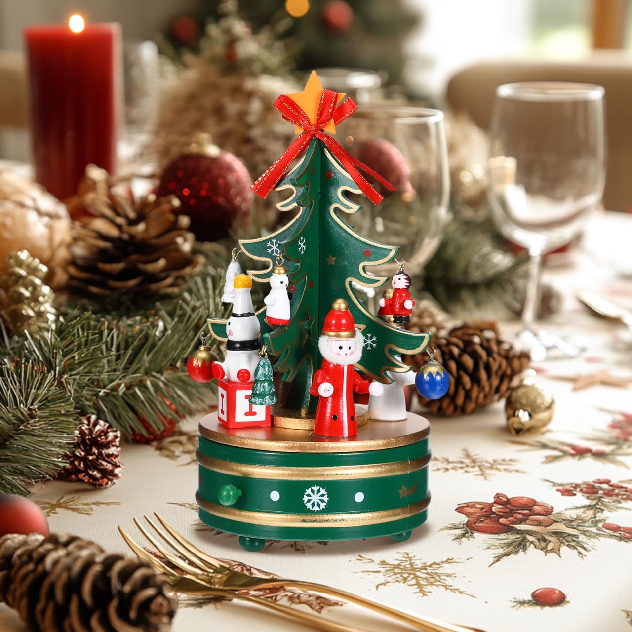 Cabilock Holz Weihnachts Spieluhr, 6 Zoll Weihnachtsbaum-Spieluhr Vintage Rotierende Weihnachts Für Kinder, Handgefertigtes Retro Rotations-Uhrwerk Für Kinder, Freunde Familie