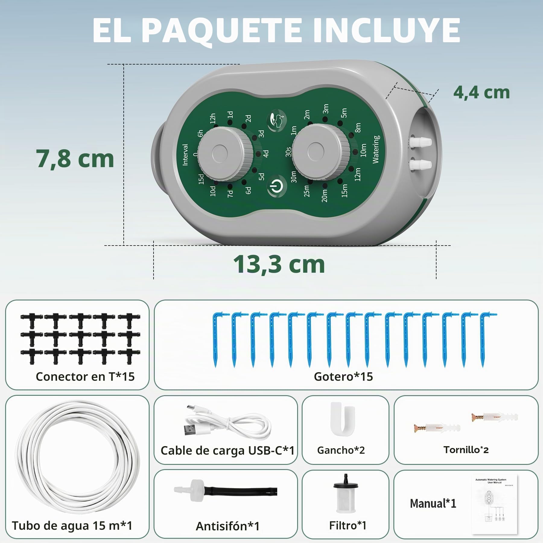 Kit Riego por Goteo Automático Recargable Sistema de Riego por Goteo 132 Modos para 15 Plantas, Sistema de Riego Automático de Plantas para Interior, Balcón, Invernadero, Jardín