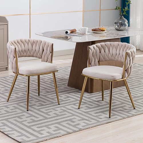Miniatura 9 de KCC Juego de 2 sillas de comedor modernas de terciopelo, sillas tapizadas para sala de estar con respaldo tejido y patas de metal dorado, silla