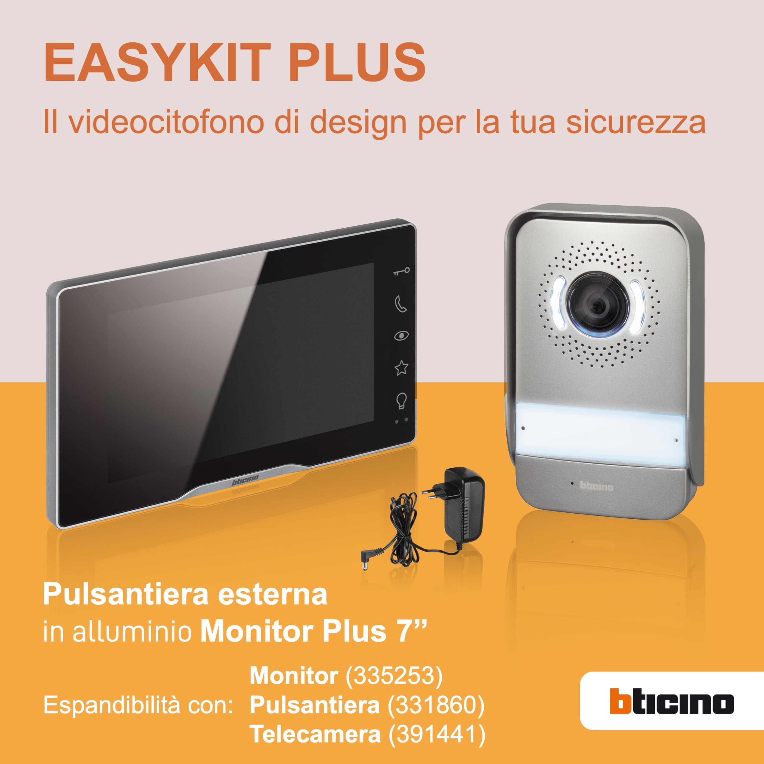 BTICINO 318913 Videocitofono Easykit Plus, Kit Monofamiliare Espandibile, Plug-In 2 Fili, Monitor 7" a Colori, Vivavoce, Visione Notturna, Audio Bidirezionale, Pulsantiera Esterna con Telecamera