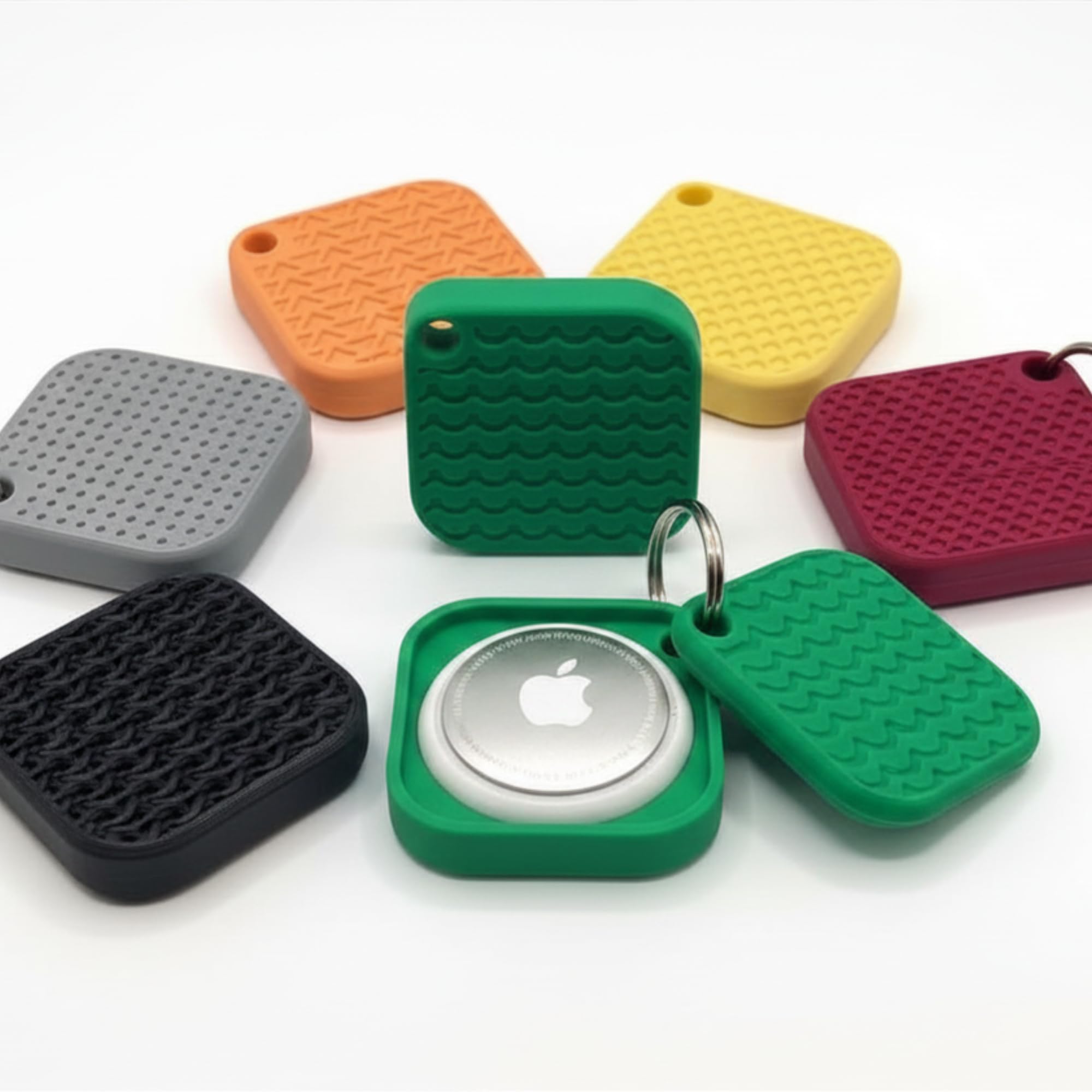 Textured Square Keychain Case for AirTag | Unique Protective Cover & Holder with Key Ring | Tracker Mount for Keys, Luggage, Backpacks and Pets | Random Pattern Design | 7 Colors (2, Green)-image-36