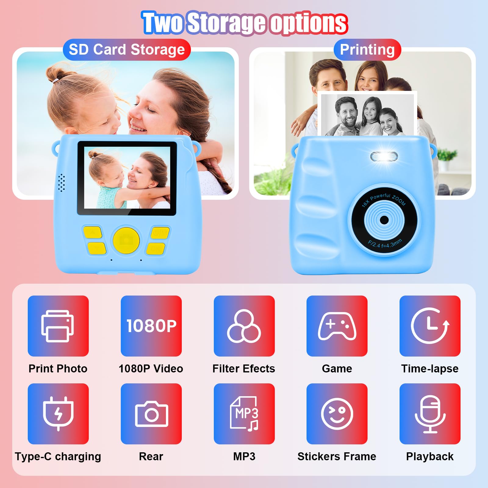 Fotocamera per bambini a stampa istantanea – Fotocamera istantanea 1080P da 6,1 cm, con scheda da 32 G e 3 rotoli di carta fotografica, fotocamera digitale per bambini, giocattoli di Natale e