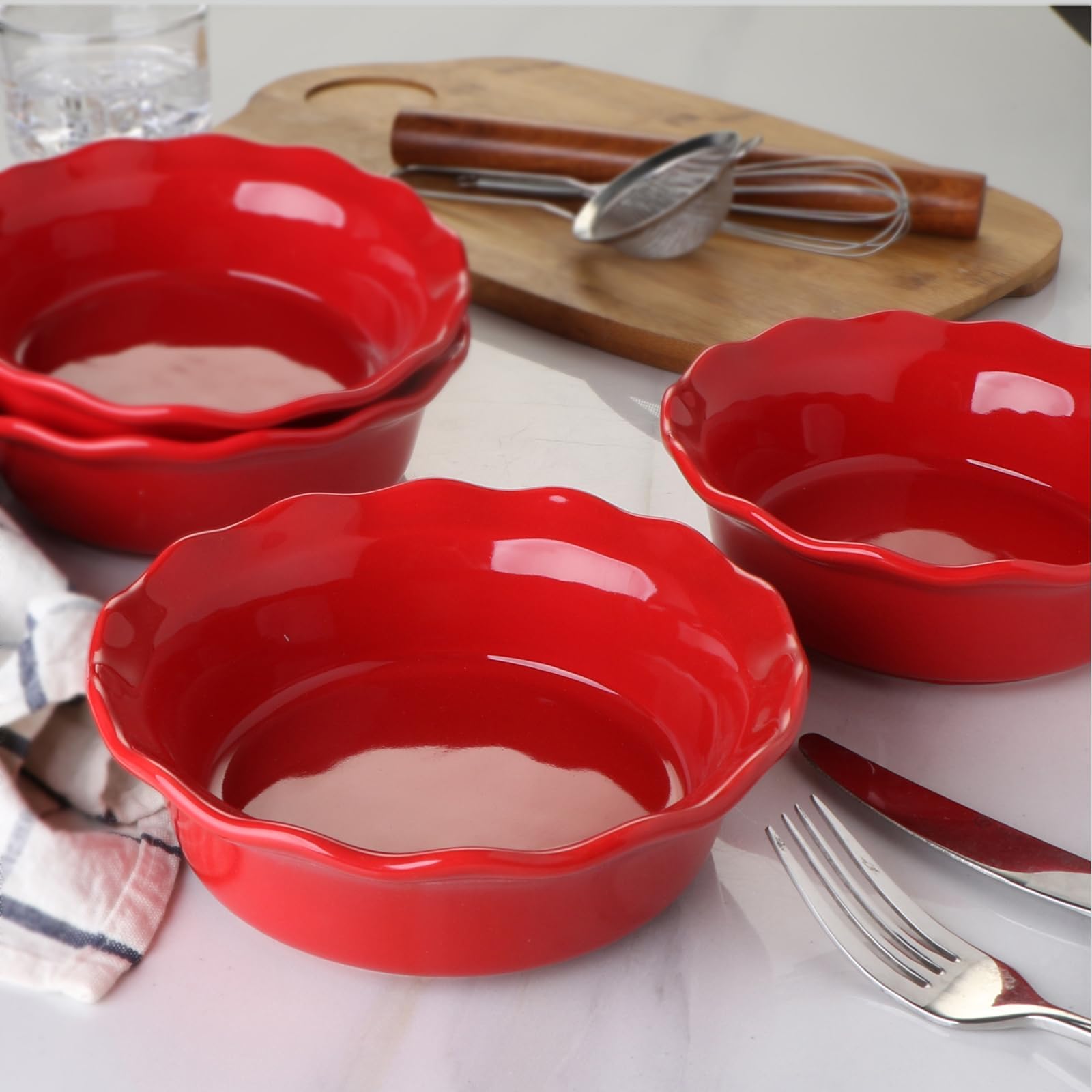ONEMORE Mini bandeja de cerámica para hornear, 16 onzas estilo clásico placa de pastel conjunto de 4 (rojo cerezo)
