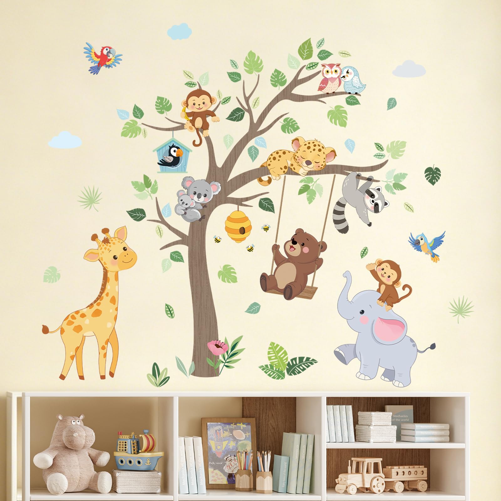 SHUCHING Animal Tree Wall Stickers Vinyl Peel and Stick, Elephant Bear Lion Jungle Large Wall Decal Decor for Kids Bedroom Nursery Playroom