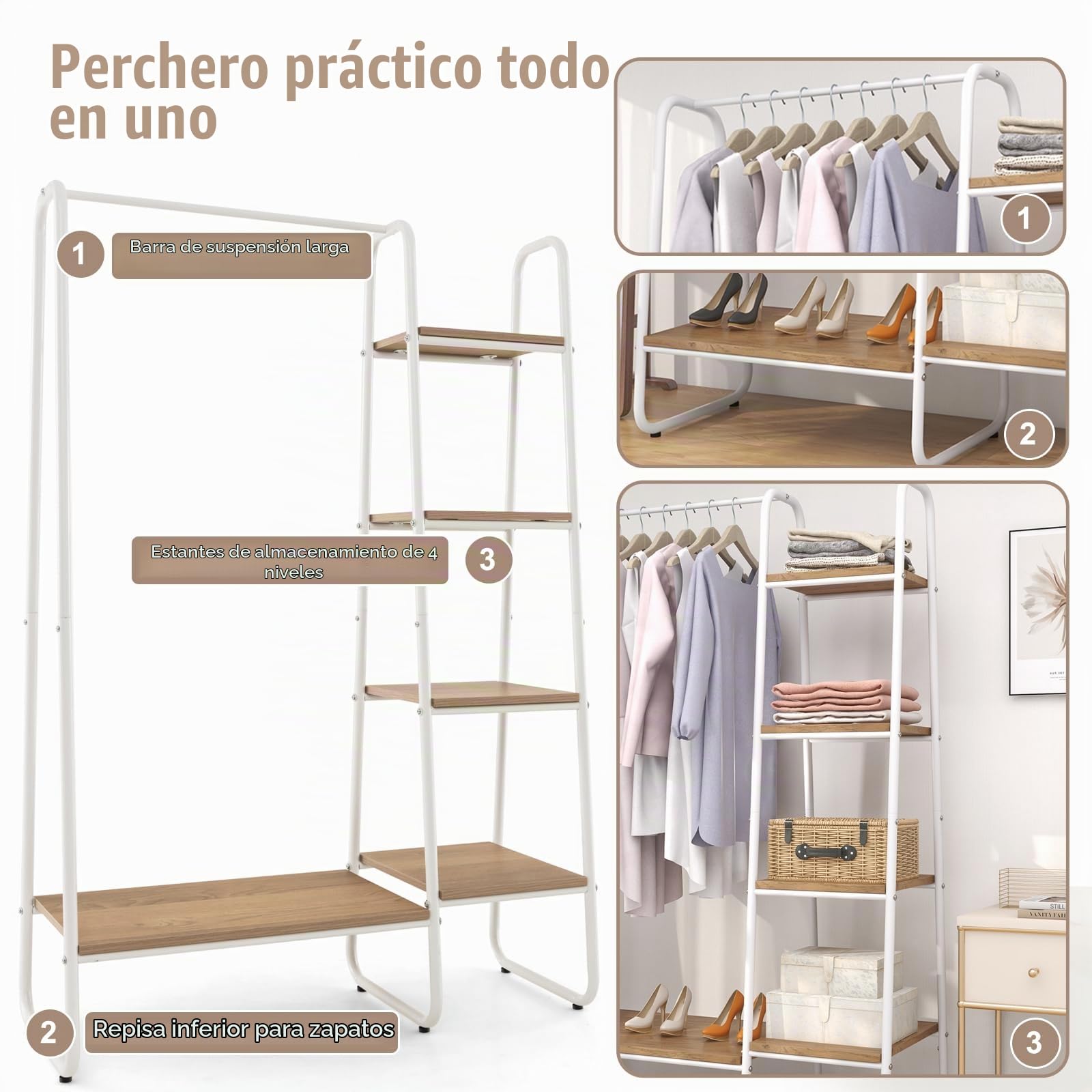 HOMASIS Perchero burro ropa de 5 niveles, Colgador de suelo con zapatero de madera, Estantes de almacenamiento para colgar Ropa, Perchero abierto con pies ajustables, 99,5x40x151cm (Natural + Blanco)
