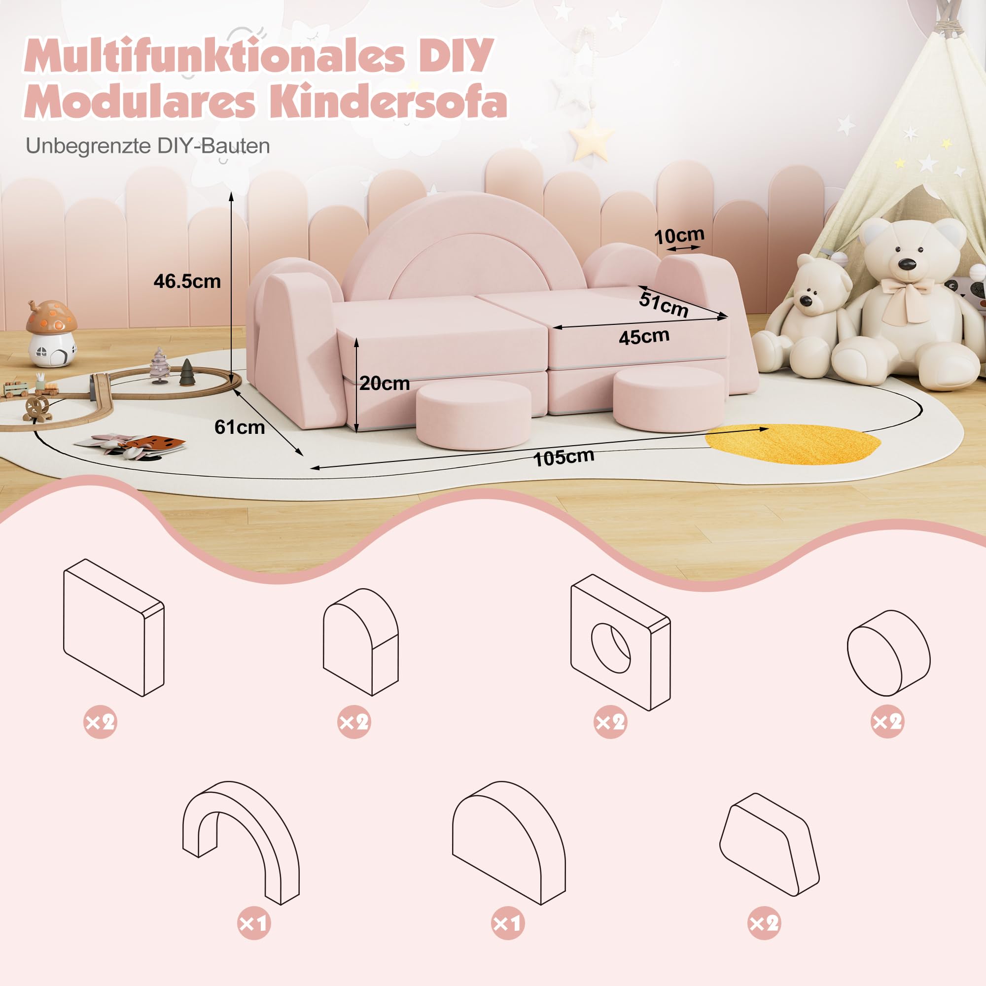 NACHES Spielsofa für Kinder Schlafsofa für Kinderzimmer (Rosa, 2-Sitzer)