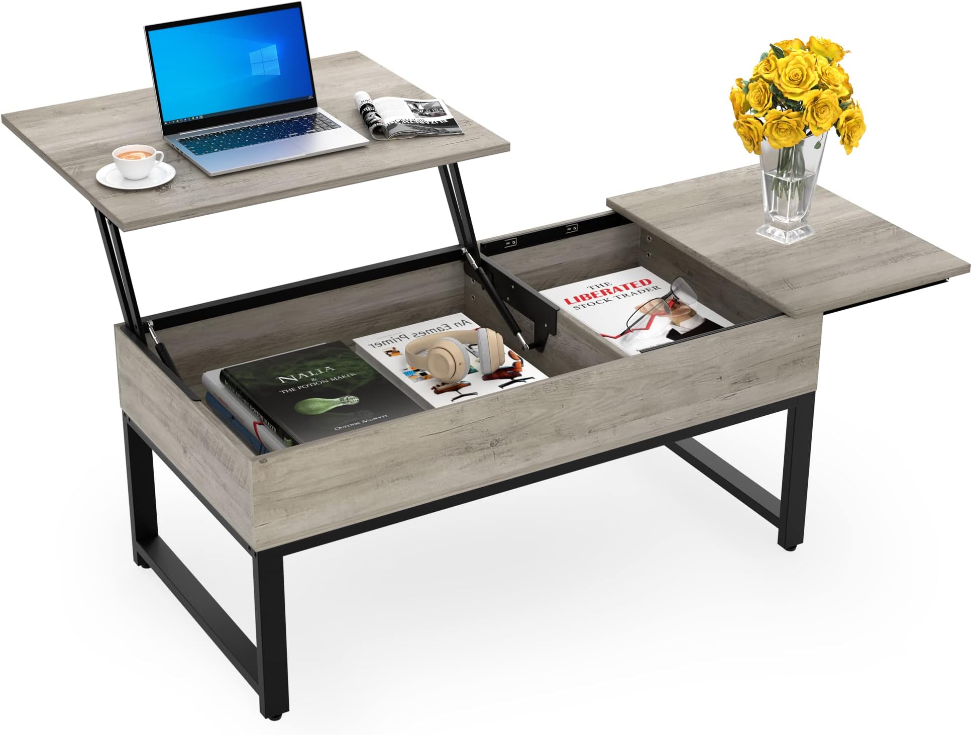 IDEALHOUSE Modern Lift Top Coffee Table with Hidden Storage Compartment and Side Drawer, Metal Frame Lift Tabletop Dining Table for Living Room, Reception Room, Office (Grey)
