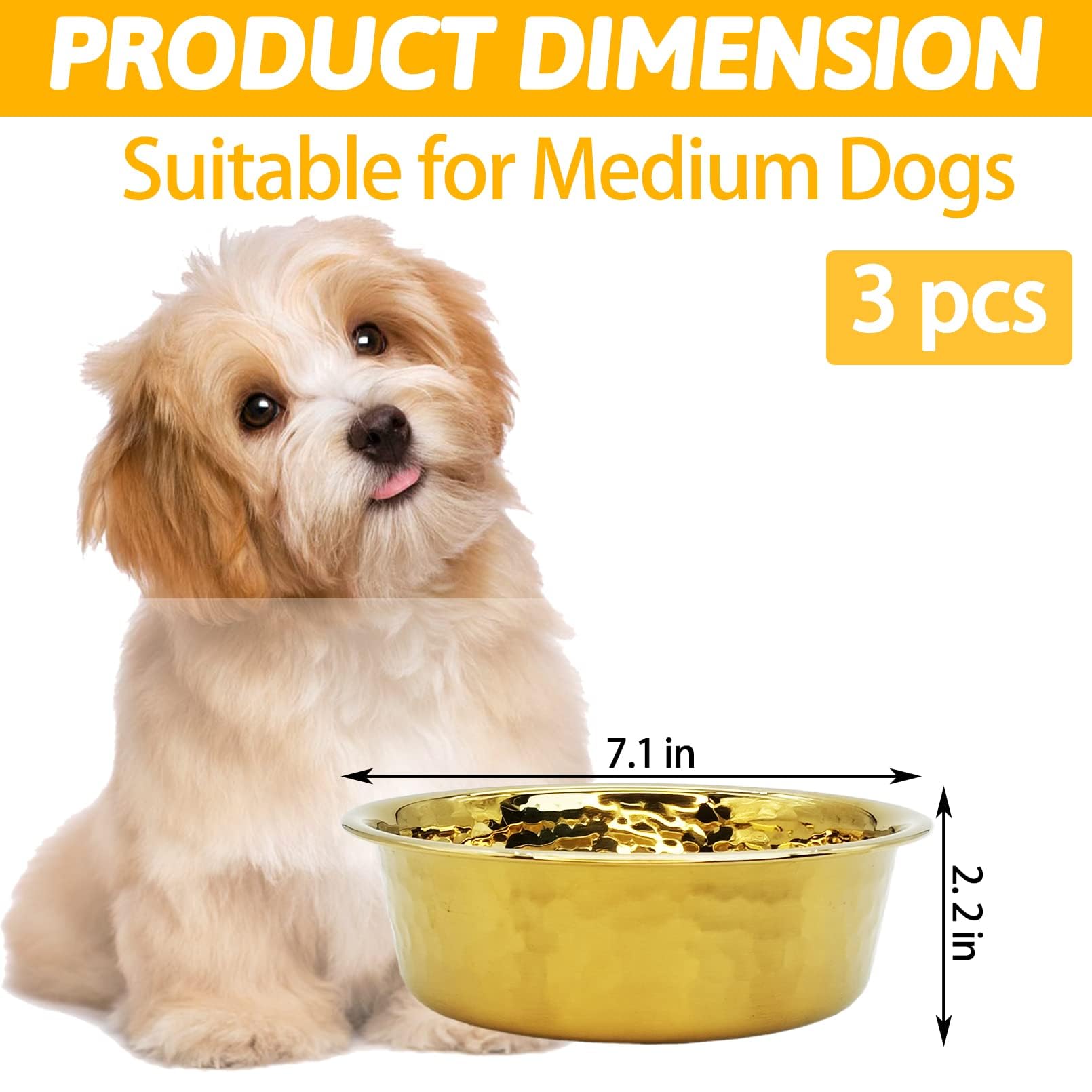 kathson 3pcs Premium Stainless Steel Dog Bowls, Hammered Thickened Metal Dog Bowl Feeding or Water Bowls for Small/Meidum/Large Sized Dogs&Cats Stackable Metal Cat Bowl Dishwasher Safe 7.1 Dia.
