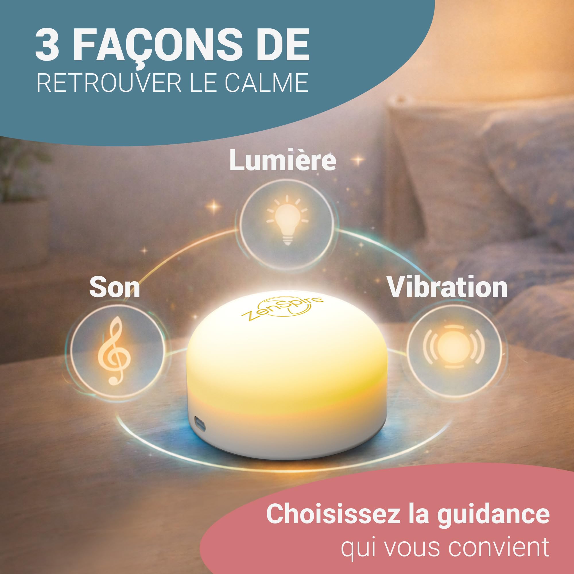 Zenspire+ Appareil Anti Stress Relaxation Méditation Dormir Adulte 3 Fonctions Lumière Zen Vibration Son