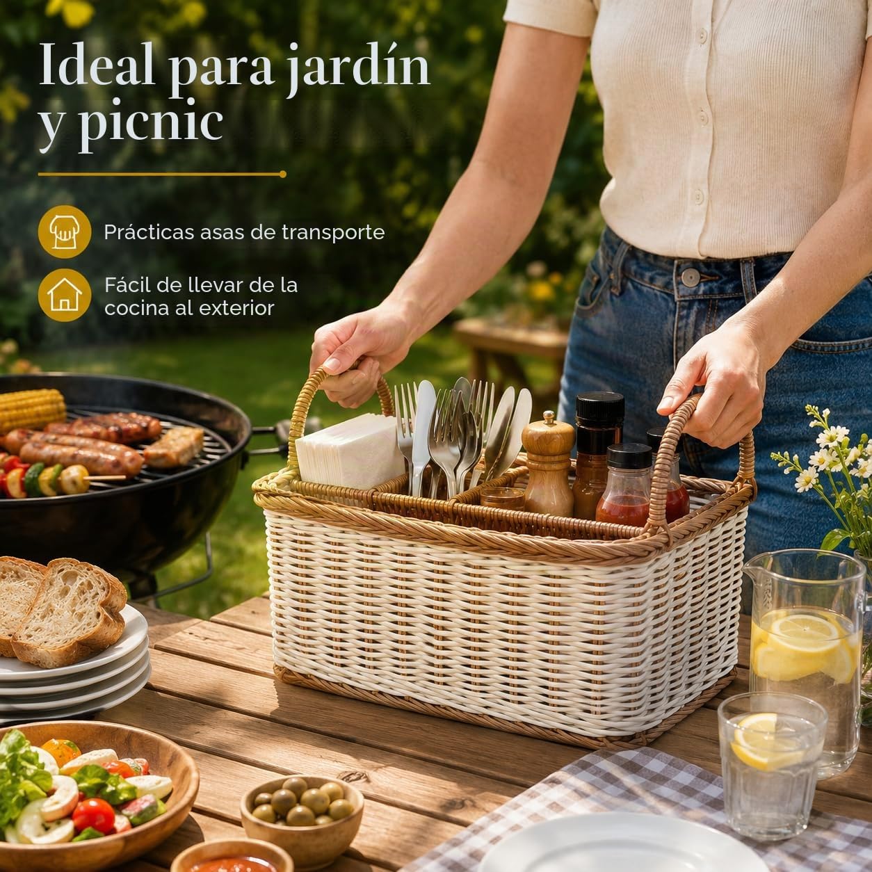 Hemoton Cesta De Almacenamiento De Ratán Sintético Con 4 Compartimentos, Organizador De Cubiertos Y Utensilios Para Cocina, Comedor, Jardín O Picnic