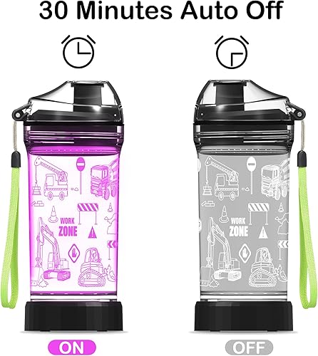 Miniatura 8 de Botella de agua para niños, taza deportiva iluminada con temática de tractor con luz LED 3D brillante, 14 onzas Tritan sin BPA, campamento y