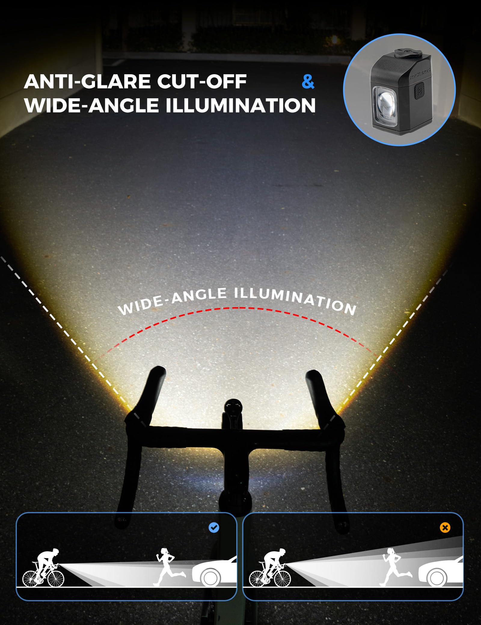 ROCKBROS Przednia lampa rowerowa 1600 lumenów, wiele trybów, oświetlenie bez olśnienia, ładowana przez USB-C 4000 mAh, przednie oświetlenie rowerowe wodoodporne IPX6 dla rowerzystów miejskich