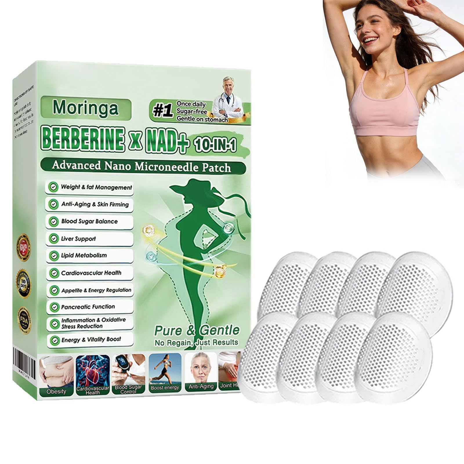 Paquete de 6 cajas Moringa X Berberine Patch 10 en 1, parche Nano Microneedle Adelgazador, ingredientes naturales, fácil de aplicar, invisible debajo de la ropa, ideal para hombres y mujeres (6 cajas) — view 12