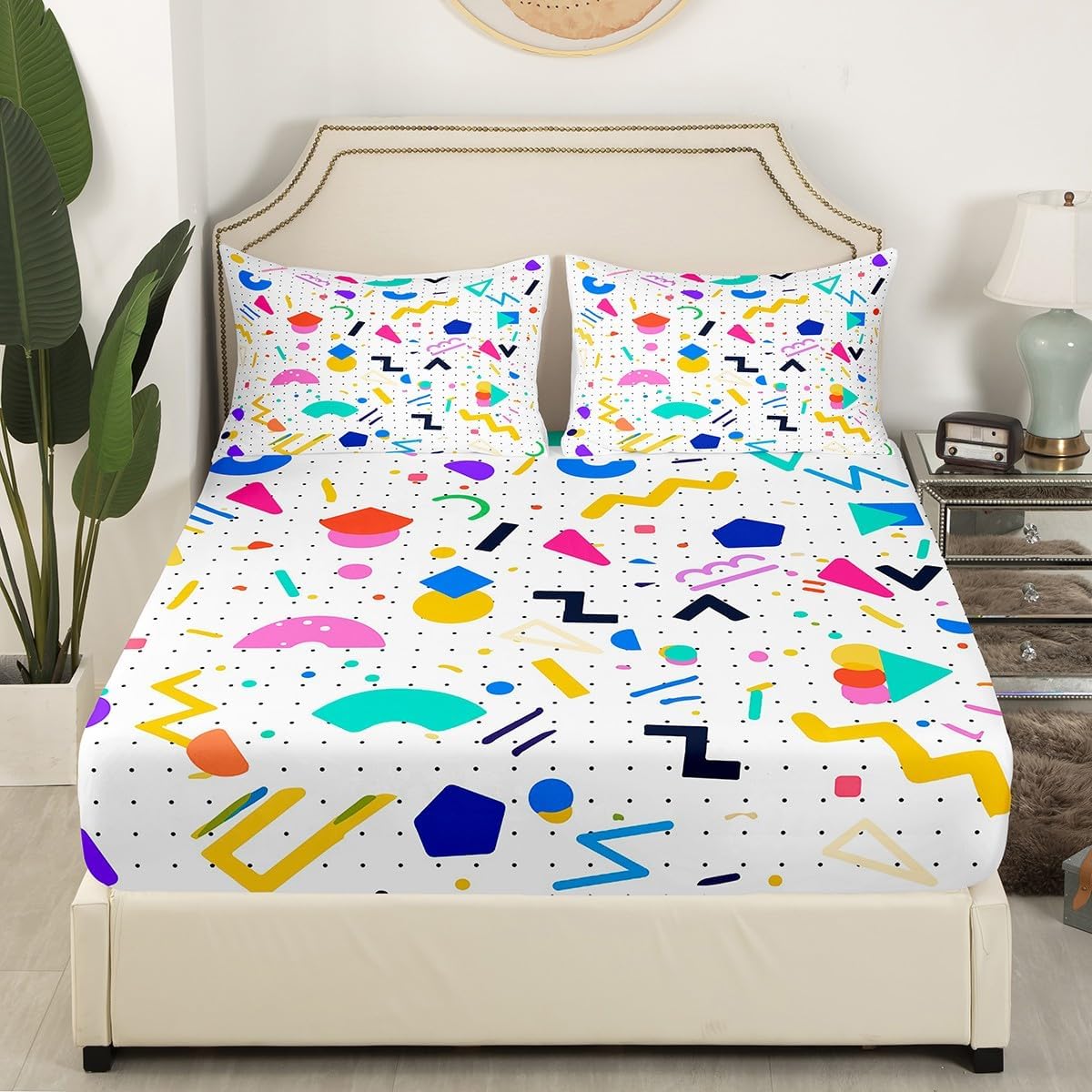 Geometric Fitted Sheet 80s and 90s Hip Hop Bedding Set,Hipster Funky Bed Sheets Eighties Fashion Style Sheets Queen,Round Triangle Square Diamond Shapes Artwork 1990S Memphis Home Decor