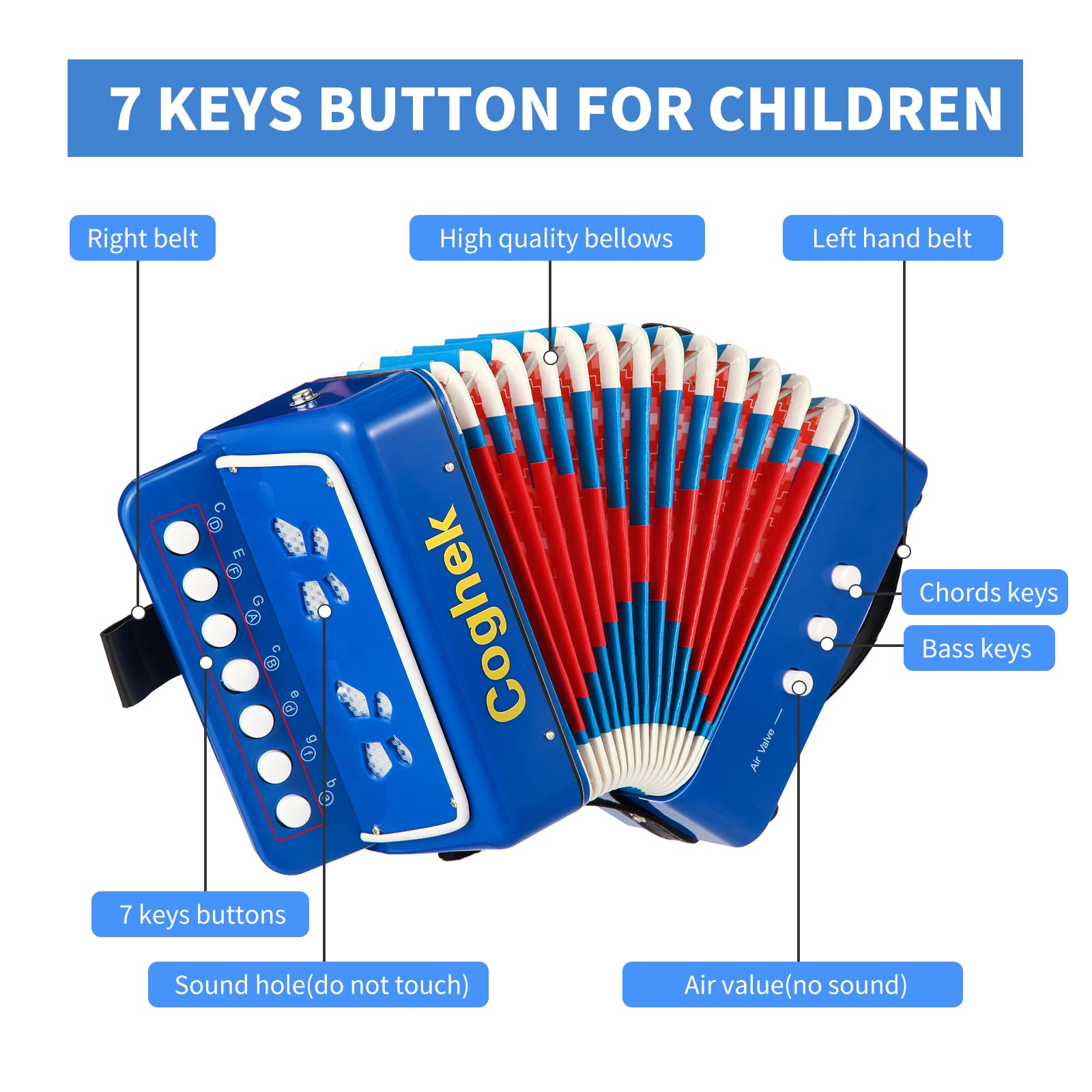 Coghek Blue Mini Accordion For Kids 10-Key Button Compact Accordion Durable Musical Toy For Beginners