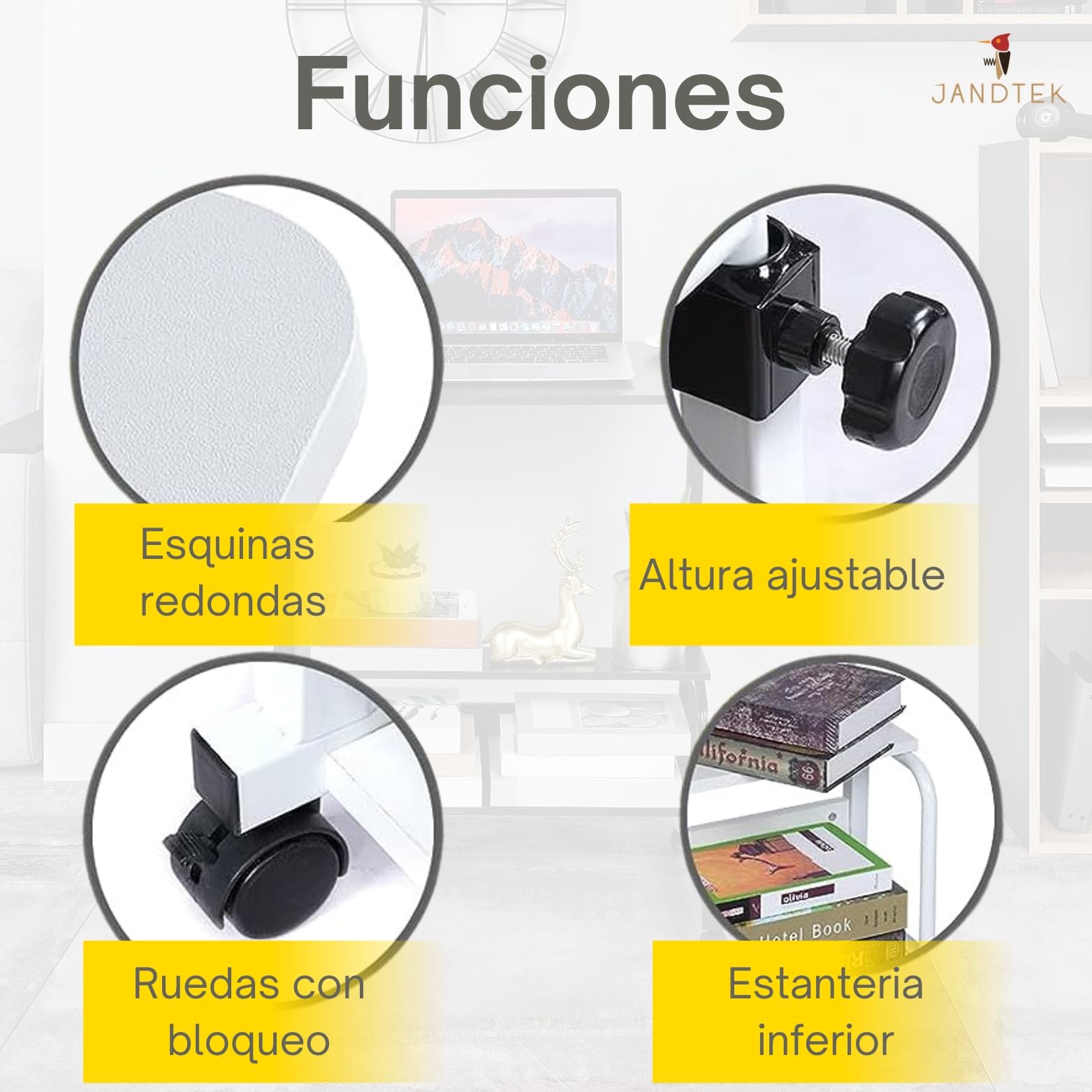 Mesa Portátil para Ordenador con Ruedas – Escritorio Auxiliar Regulable en Altura para Sofá o Cama – Mesa Pequeña con Estante Inferior para Teletrabajo y Espacios Reducidos (Blanco 60 x 40)