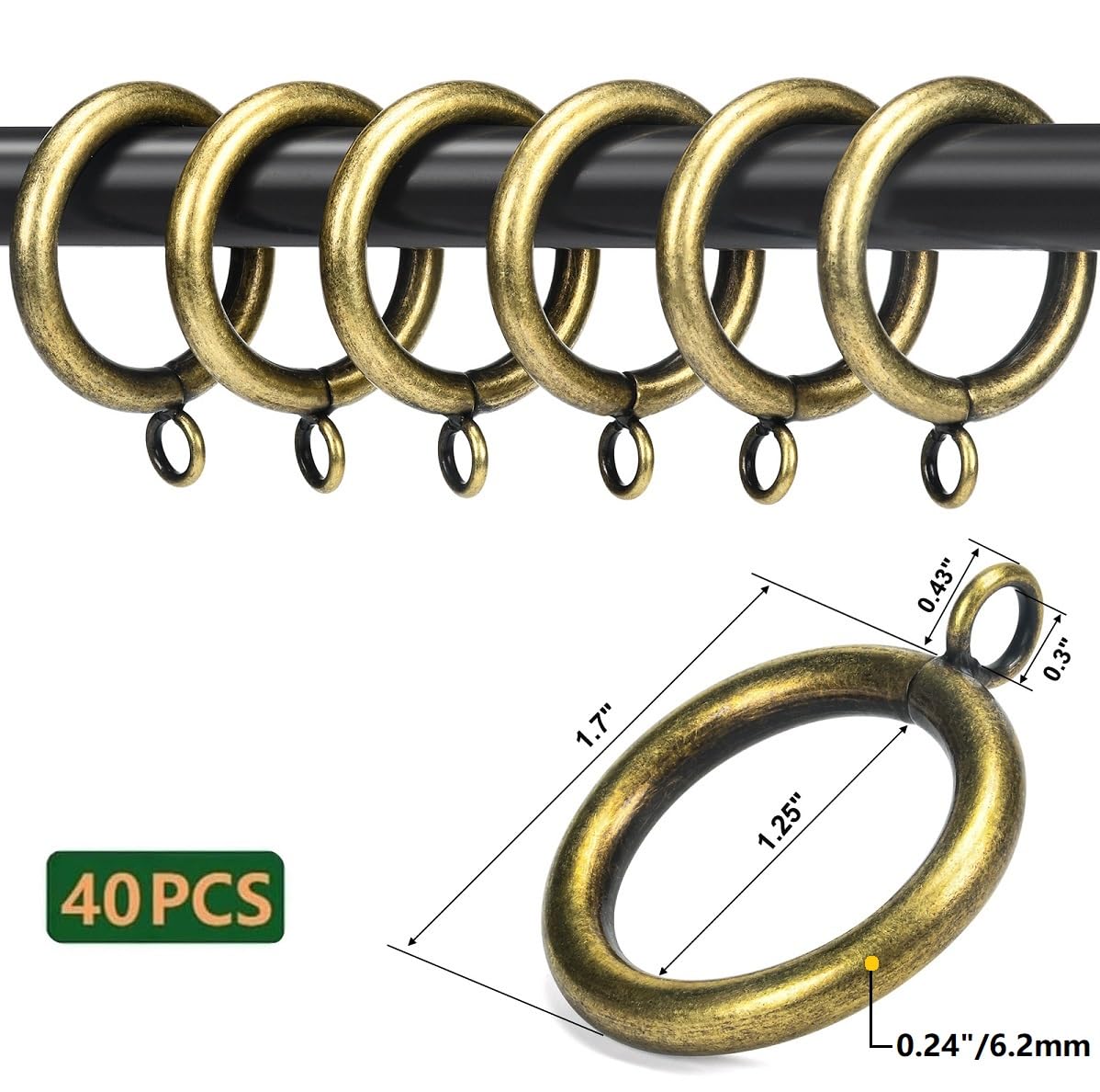 Dicke Vorhangringe aus Metall, 3,2 cm Innendurchmesser, 0,6 cm Drahtdurchmesser (antikes Messing, 40 Stück)