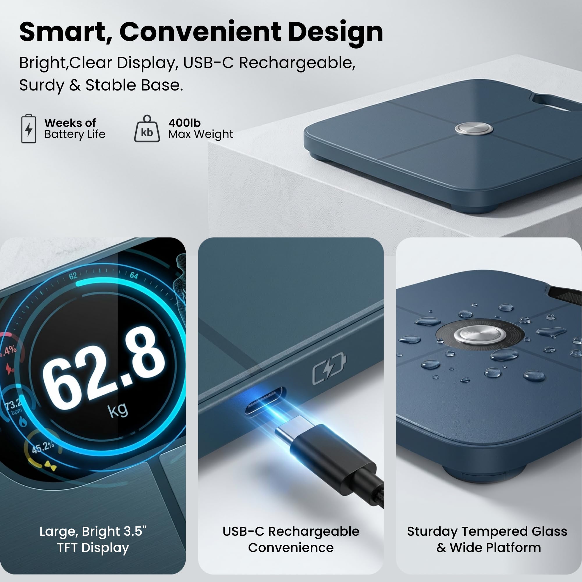 Premium Smart Digital Bilancia del peso corporeo – 8 elettrodi – 56 + metriche – Ricaricabile – WiFi & Bluetooth – Analisi completa del corpo – Traccia grasso corporeo, massa muscolare, percentuale di