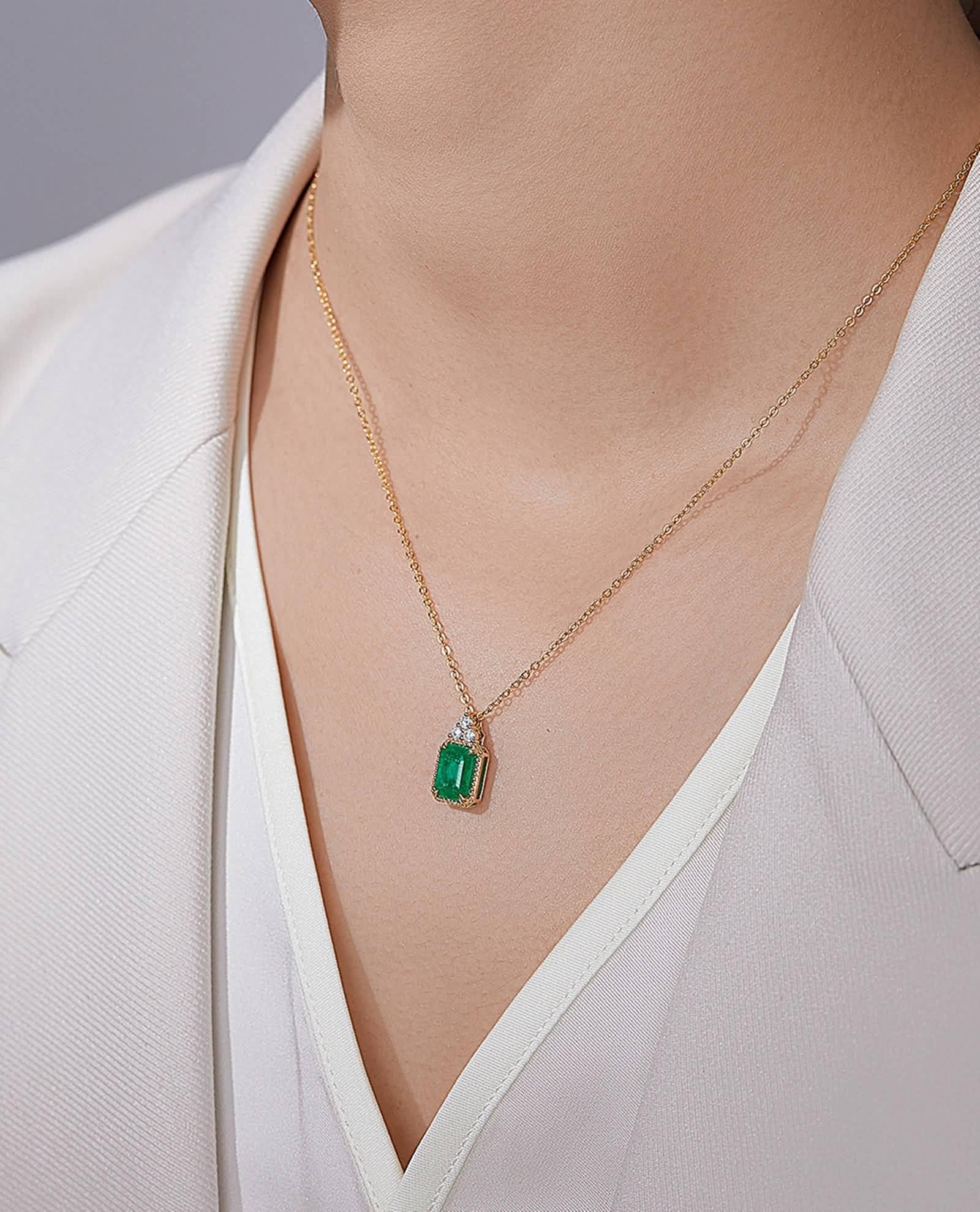 Collana in oro giallo con smeraldo 9 K/14 K/18 K, ciondolo rettangolare con smeraldo naturale da 1 ct con diamante, collana in vero oro da donna