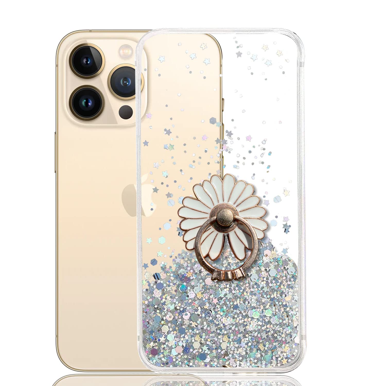 KC Back Cover for Apple iPhone 13 Pro Max, Epoxy Starry Dry Fixed Glitters Stars Non Moving Sparkling Shining Flower Ring Holder Stand Soft Silicone Case (Transparent)