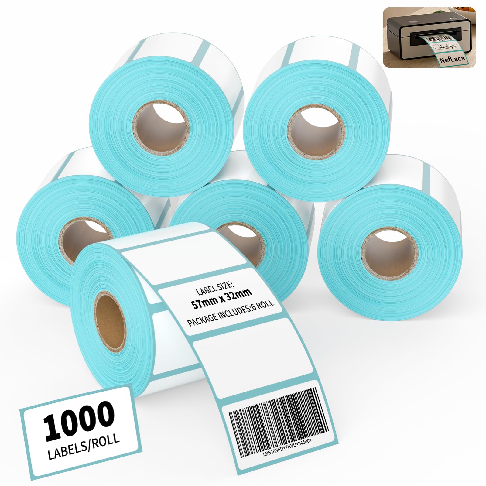 NefLaca 6 Roll 6000 Self Adhesive Label Sticker 57mm x 32mm Address Labels Blank Roll Rectangle Label Write On Note Mark Catering Food Jars Sticky Stickers for Office Kitchen Printer