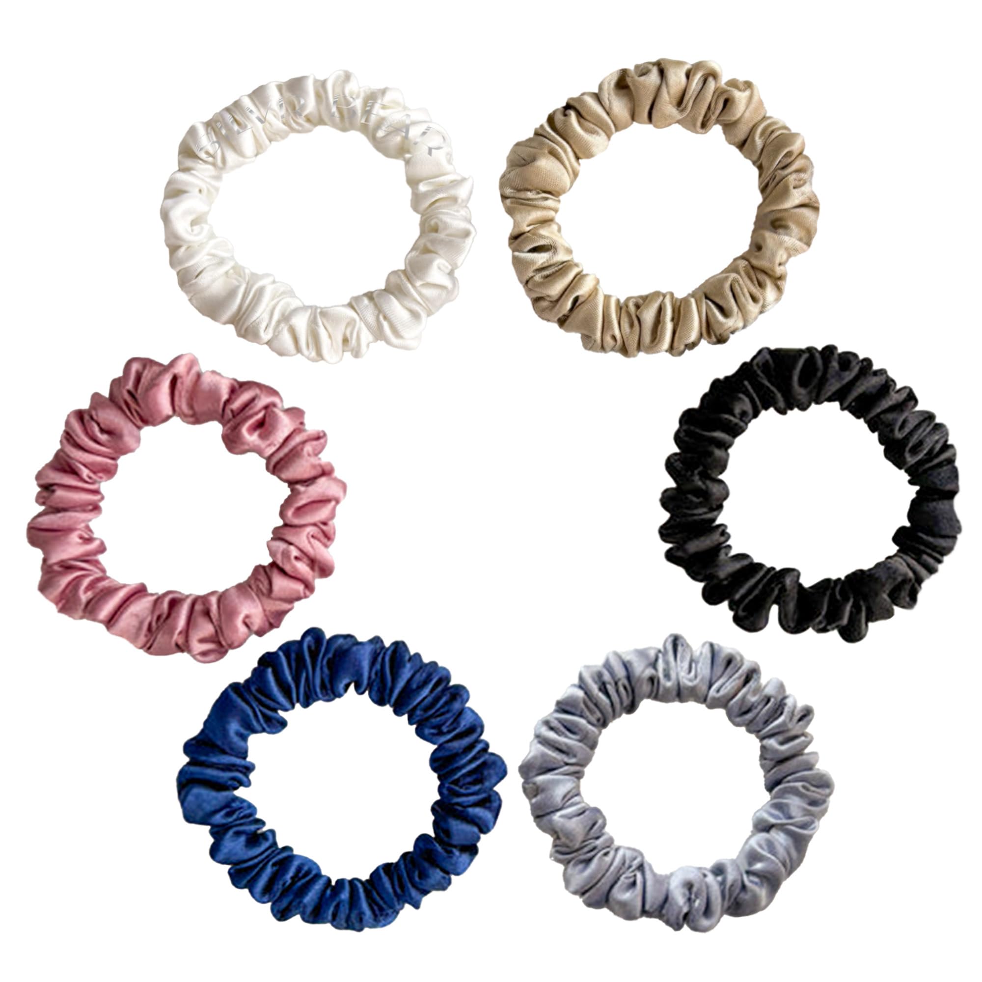 SILVR BEAR Luxury Satin Scrunchies SAME 6 COLORS AS PIC, Anti-Hair-Breakage, Hair Ties, Scrunchies Set for Girls, Women, Best gift for Sister, Friend, Mom (Classic Skinny)