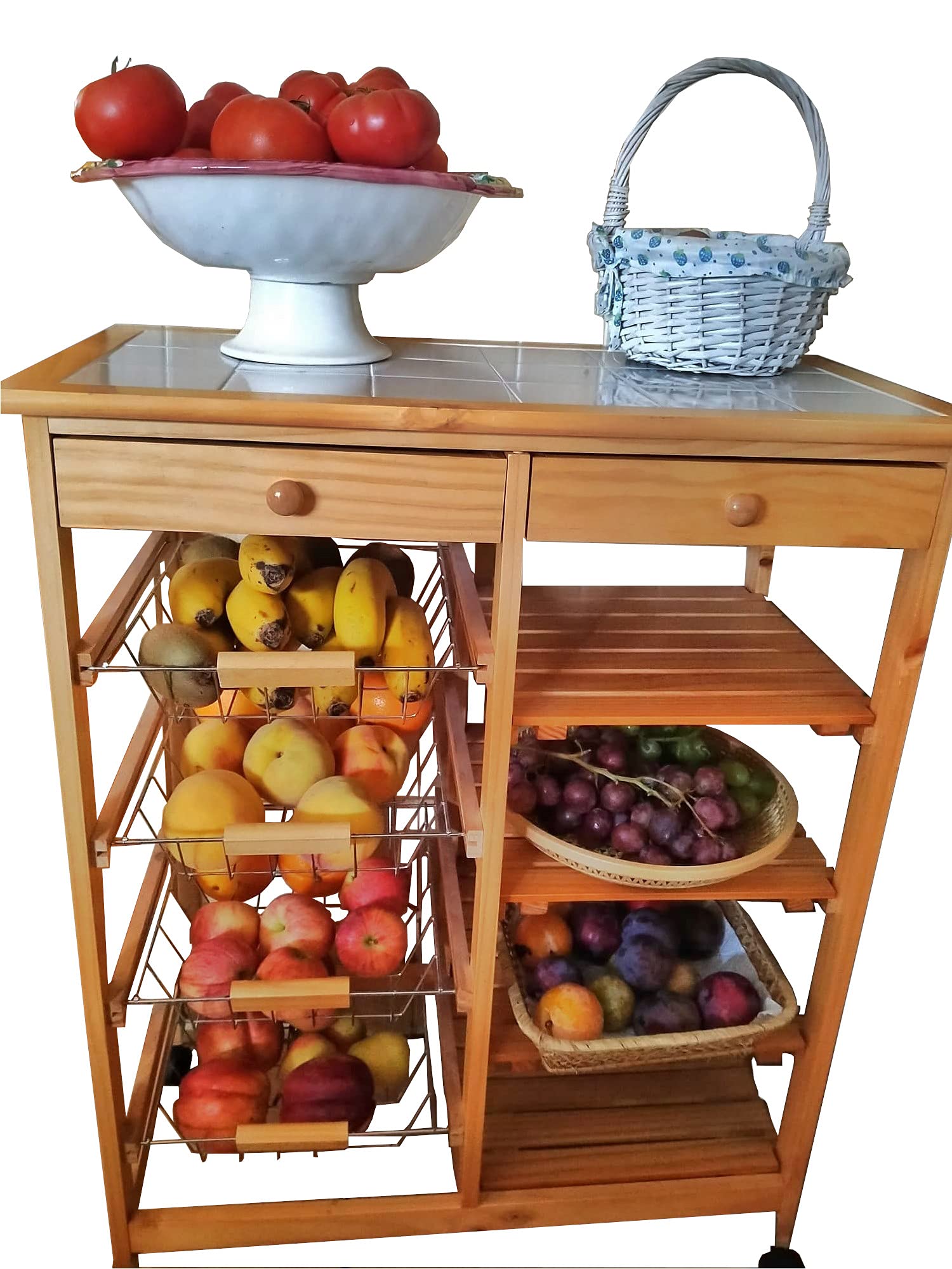 Meyvaser Carrello da cucina in legno con 2 cassetti, 4 ripiani e 4 vassoi in metallo 85x67x37 cm Colore Miele