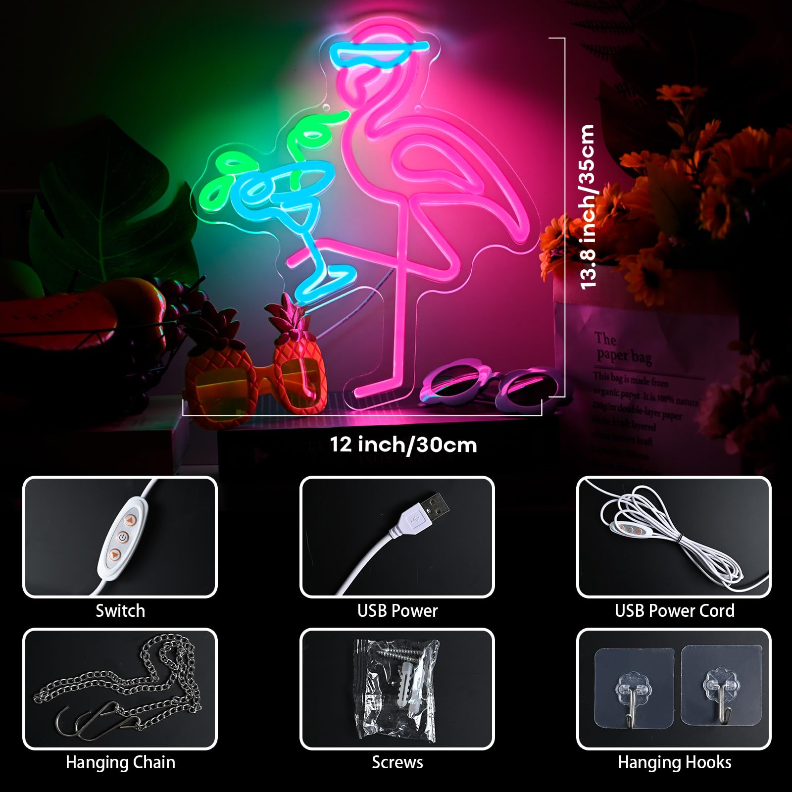 Neon Flamingo Light Up Sign for Hawaii Party, Pink Blue Flamingo Cocktails Neon Sign for Tiki Bar Wall Decor, Tropical Led Sign for Women Girl Bedroom Hawaiian Summer Beer Beach Party Decorations