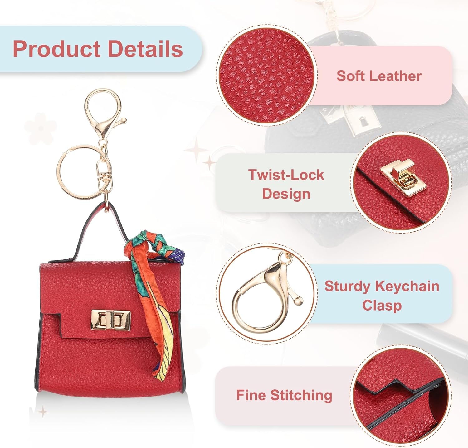 PATIKIL Mini Backpack Keychain, Cute Coin Purse Keychain PU Leather Backpack Purse Key Chain Little Earbud Bag Keychains for Women Mini Card Data Cable Organizer, Red - Image 3