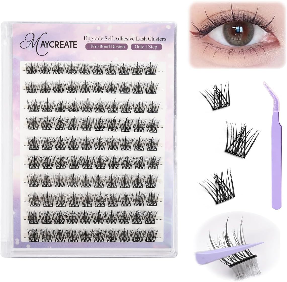 - MAYCREATE® 100Pcs Self Adhesive Eyelashes, Self Adhesive Eyelash Clusters, Lash Cluster Press On Lashes Stick Cluster Lashes Pre Glued Eyelash Clusters with Tweezer No Glue Needed, 11-13mm