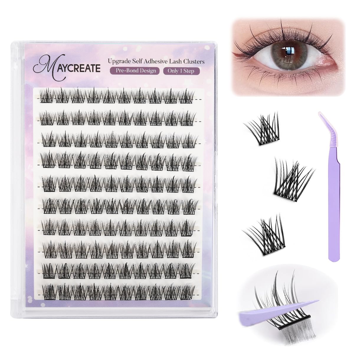 MAYCREATE® 120Pcs Self Adhesive Eyelashes, Self Adhesive Eyelash Clusters, Lash Clusters Press On Lashes Self Stick Cluster Lashes Pre Glued Eyelash Clusters with Tweezer No Glue Needed, 11-13mm