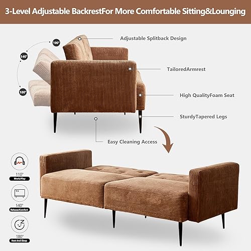 Miniatura 4 de Cpintltr Sofá biplaza de terciopelo de 74 pulgadas, sofá cama convertible con patas de metal cónicas tapizadas, asientos muebles para sala de estar,