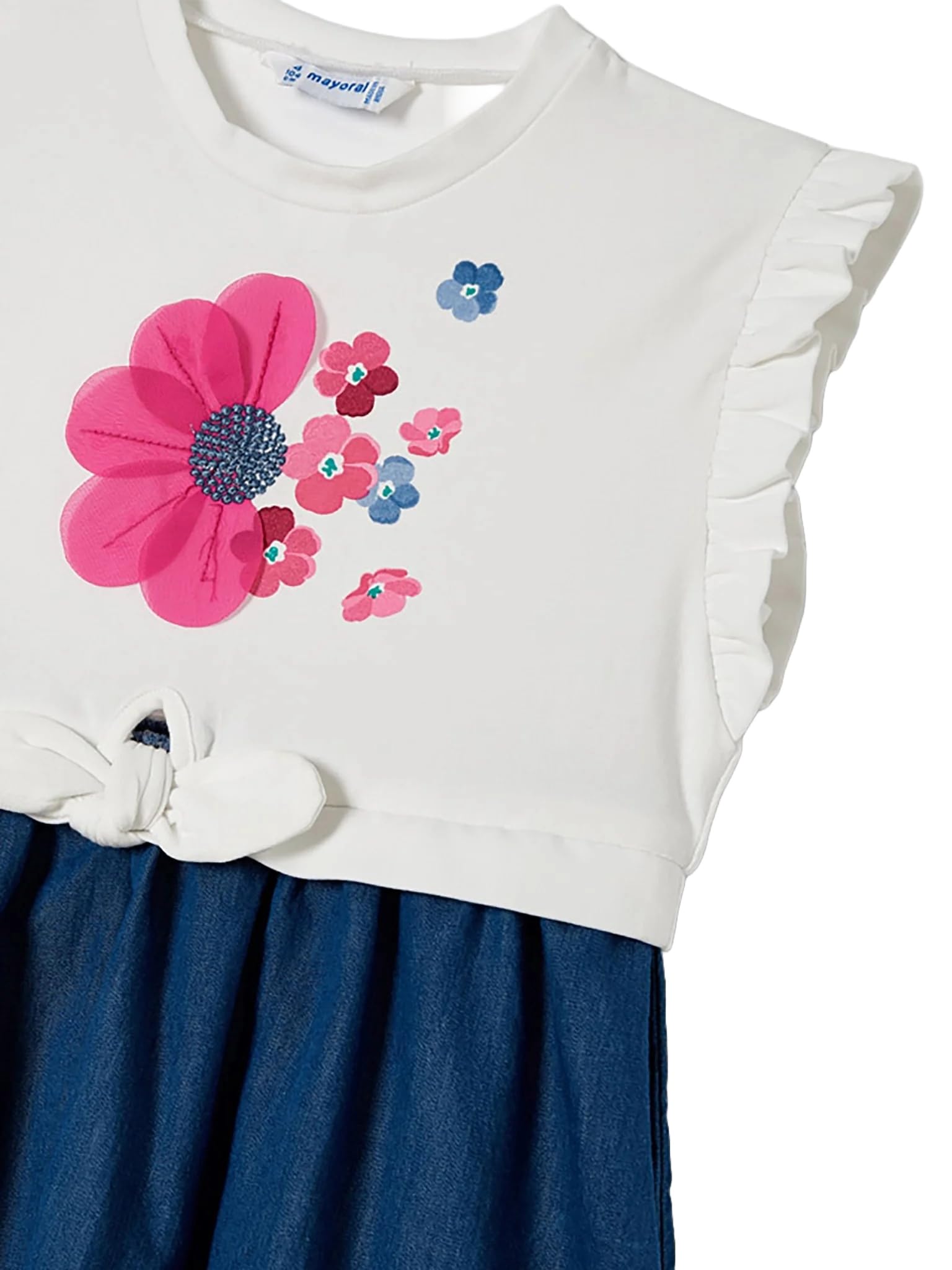 Mayoral Vestito Bambina Estivo in Cotone e Denim con Fiore Decorativo e Gonna Blu