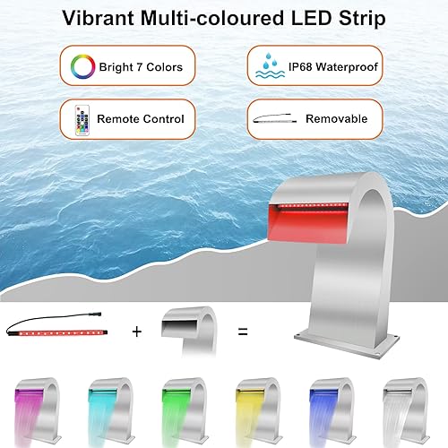 Miniatura 4 de LONGRUN Fuente de piscina en forma de S de cascada de acero inoxidable con luz LED que cambia de color, kit de fuentes de agua para estanque al aire