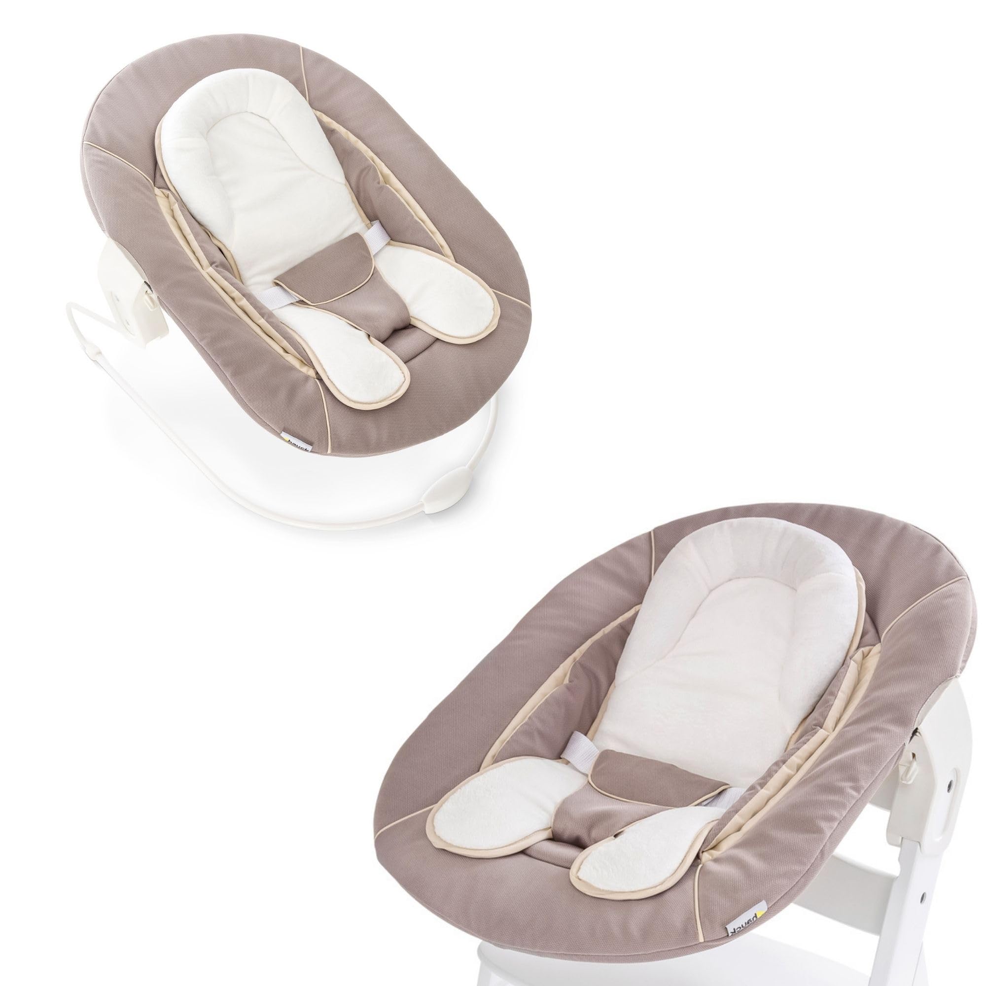 hauck Alpha Bouncer 2in1, Stretch Beige - Babywippe & Neugeborenenaufsatz Kompatibel mit Alpha+ & Beta+ Hochstuhl, für Babys ab Geburt bis 9 kg inkl. Wippgestell, Sitzverkleinerer & 3 Punkt Hüftgurt