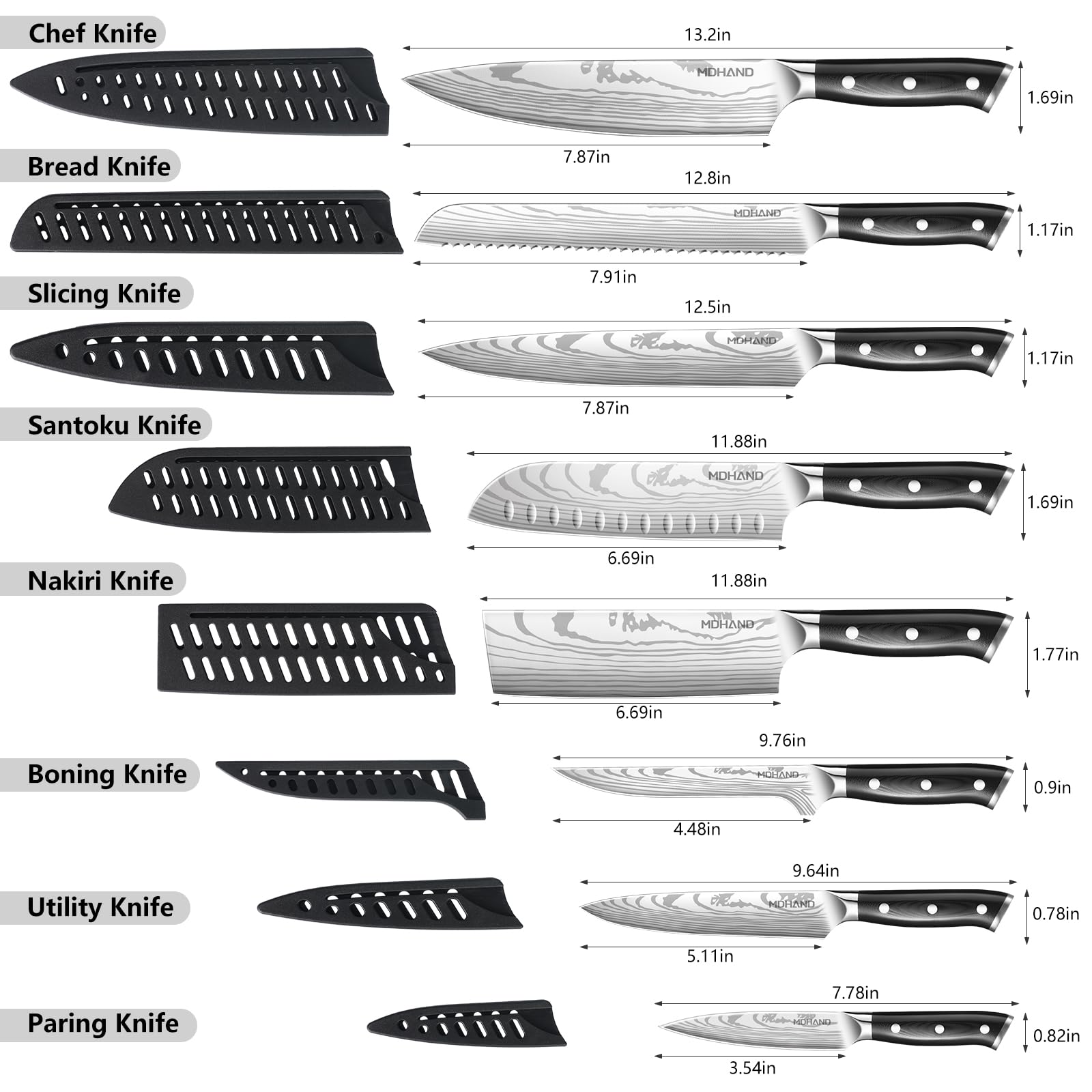 MDHAND Küchenmesser Set，8-teiliges professionelles Messerset mit Rolltasche, Extrem Scharf Profi Kochmesser Set mit Ergonomischen Pakkaholz Griffen für Haus und Restaurant